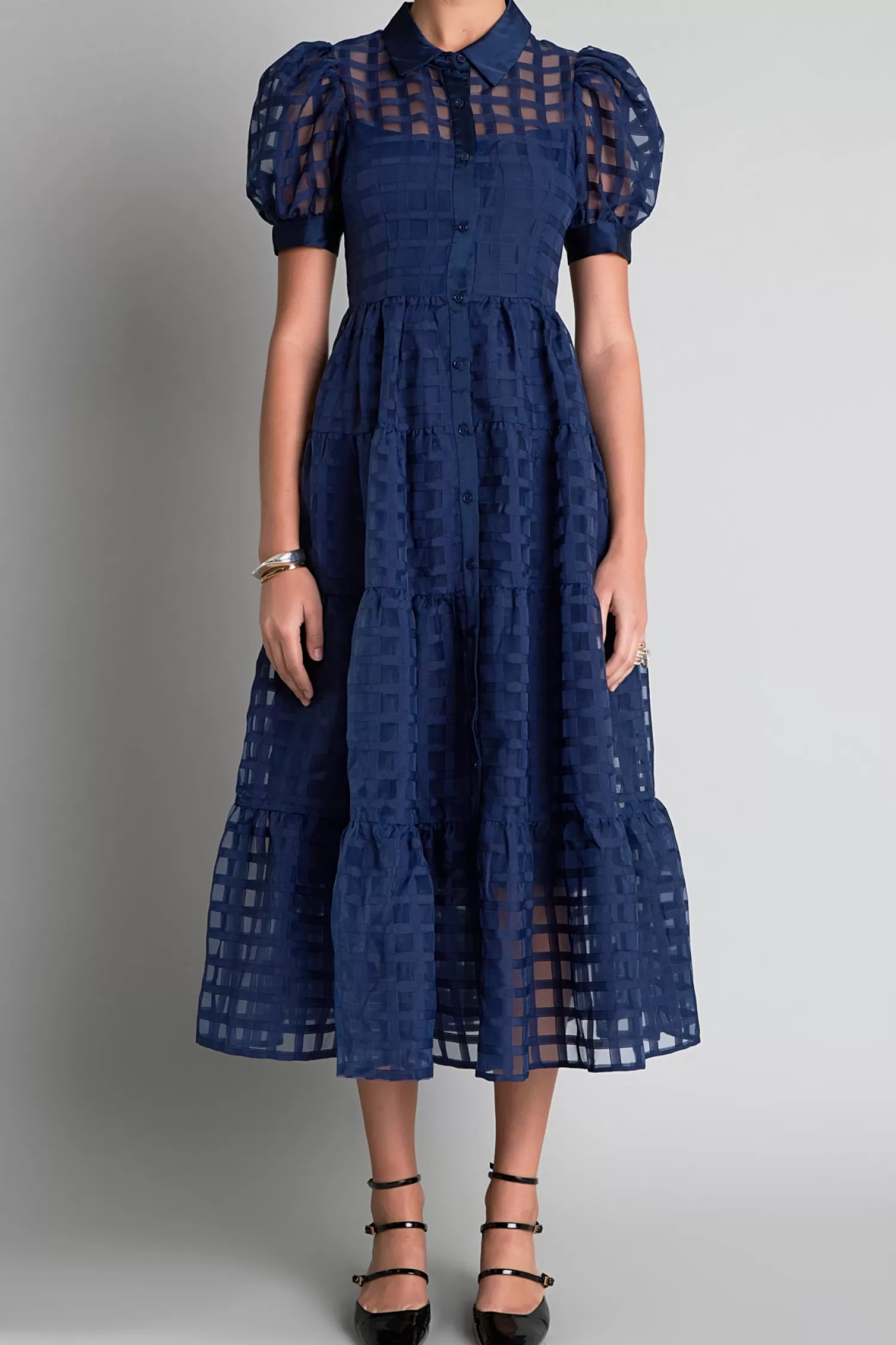 New Gridded Organza Tiered Maxi Dress Office Chic | Date Night Dreams