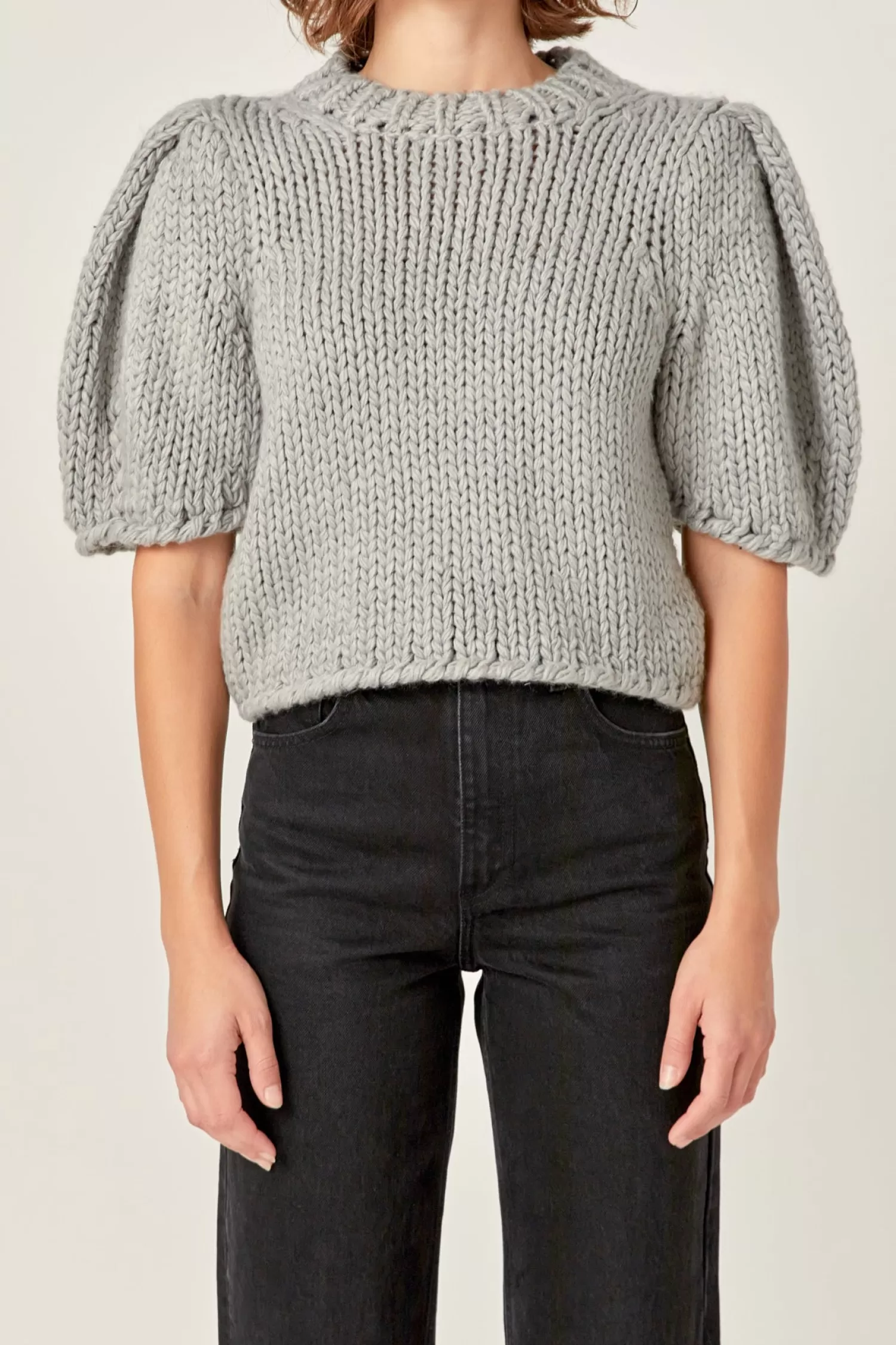 Cheap Heavy Yarn Puff Sleeves Knit Tops