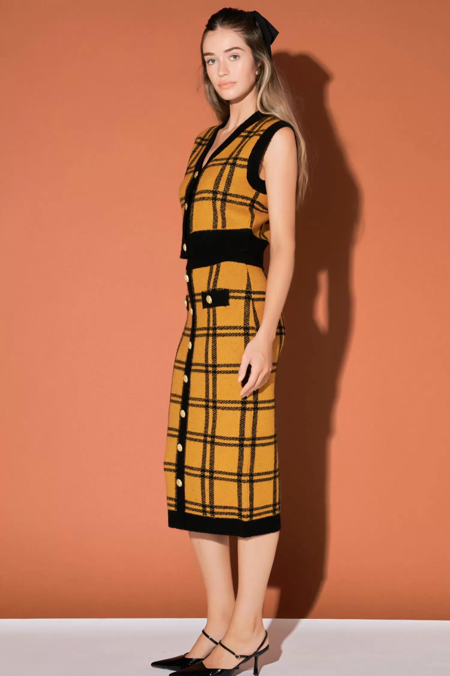 Outlet Knit Check Plaid Midi Skirt Old Money Aesthetic | Date-Night Ready