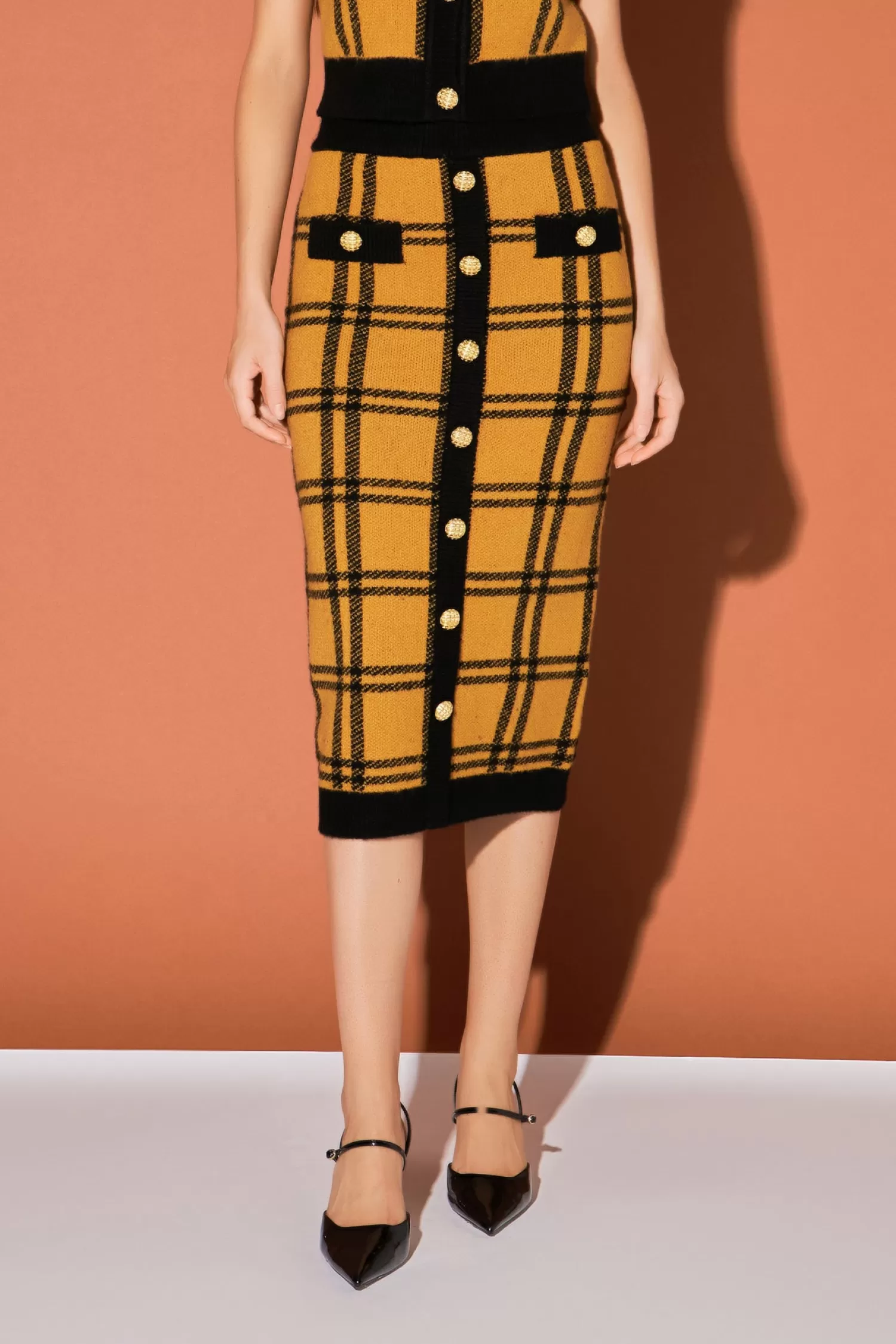 Outlet Knit Check Plaid Midi Skirt Old Money Aesthetic | Date-Night Ready