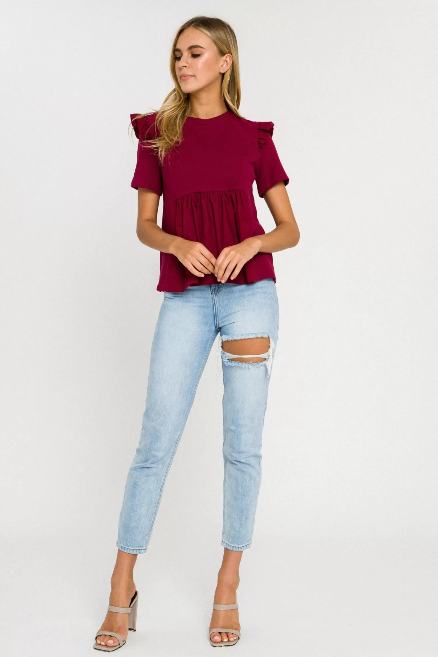 New Knit Poplin Mixed Ruffle Top Tops