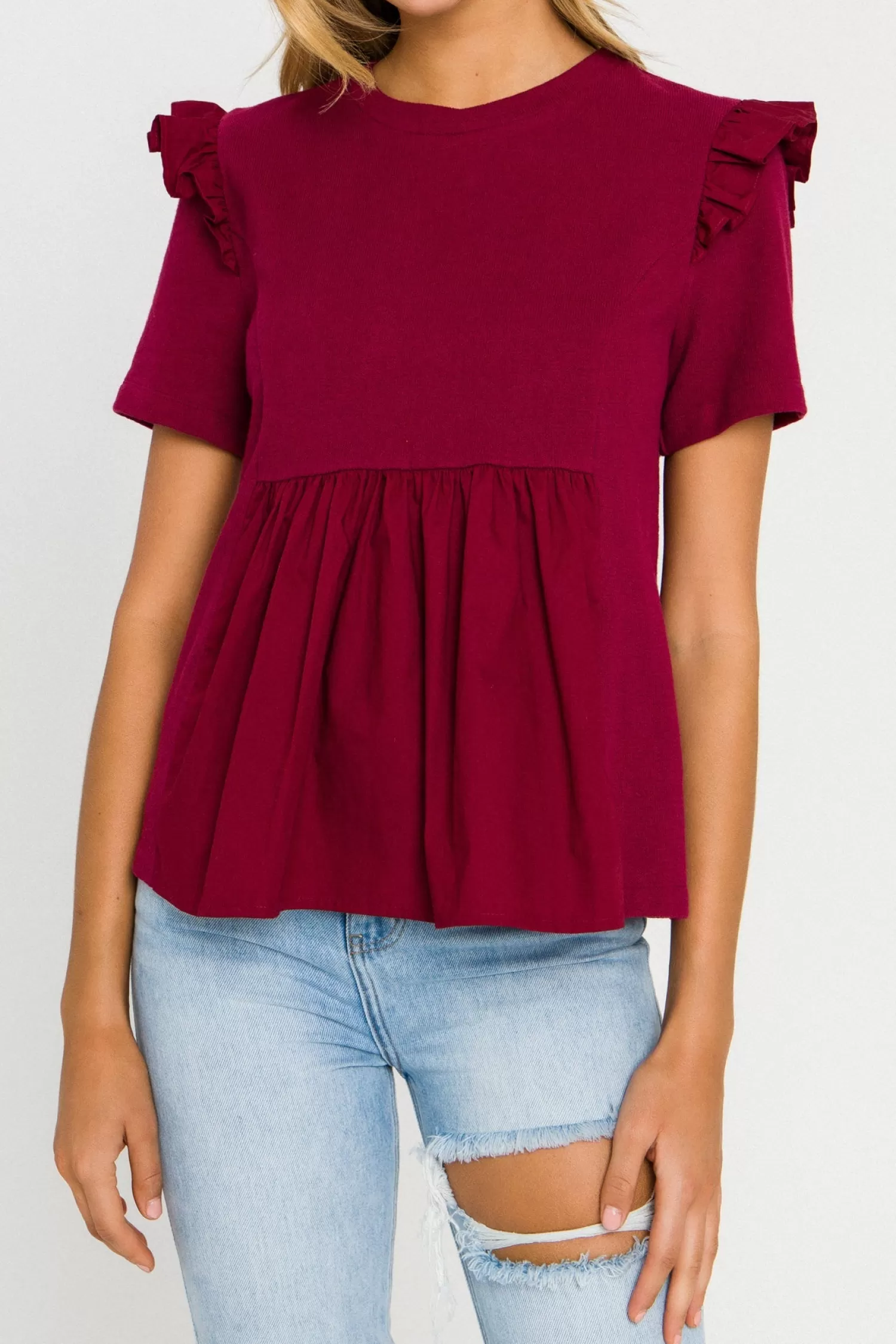 New Knit Poplin Mixed Ruffle Top Tops