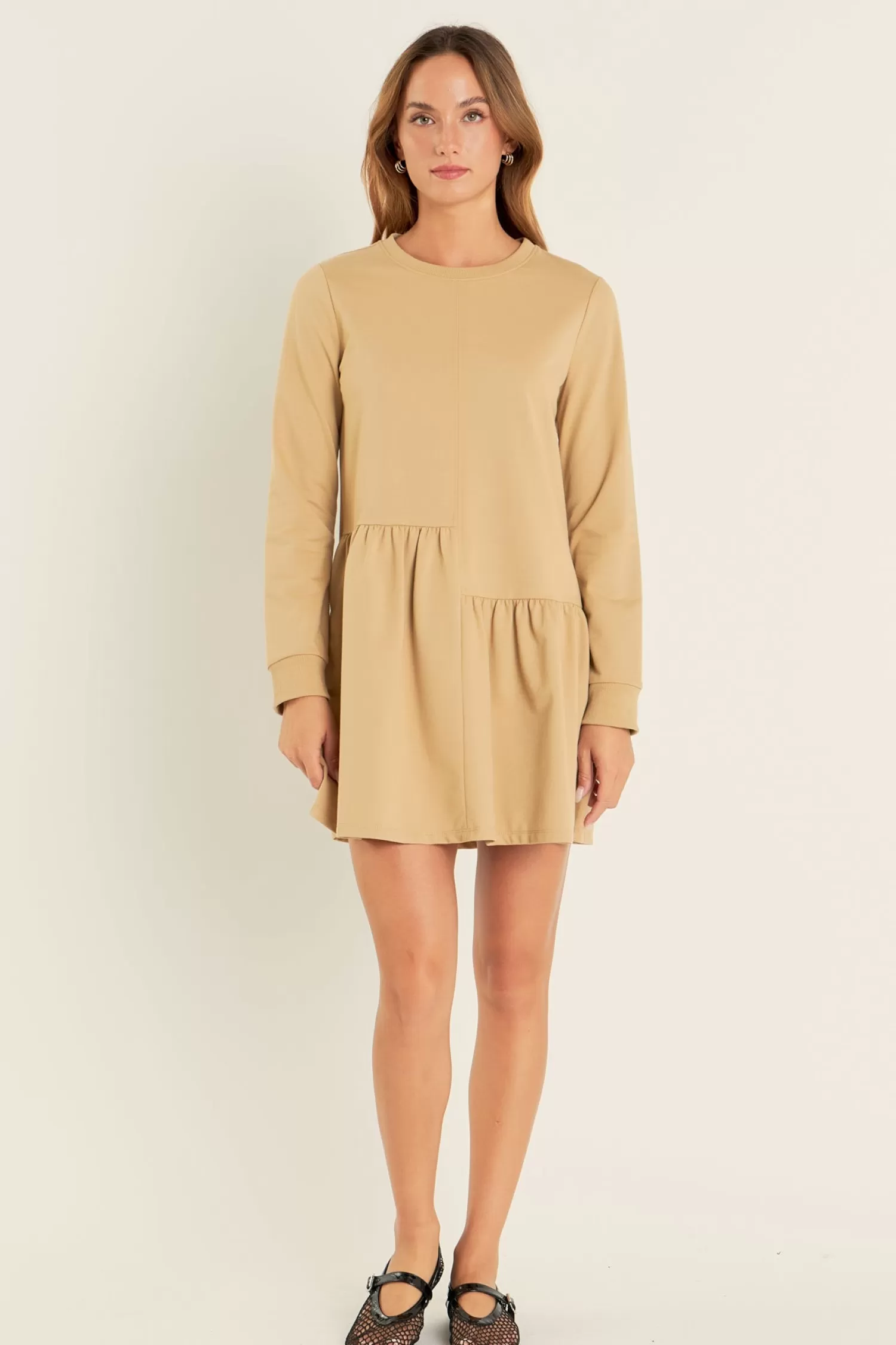 Cheap Knit Unbalanced Seam Dress - Tan Dresses | Office Chic