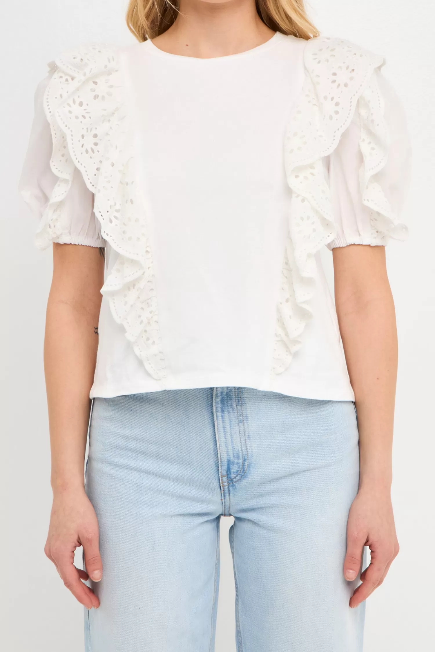 Sale Lace Ruffle Detail Knit Top Puff Sleeve Perfection | Tops