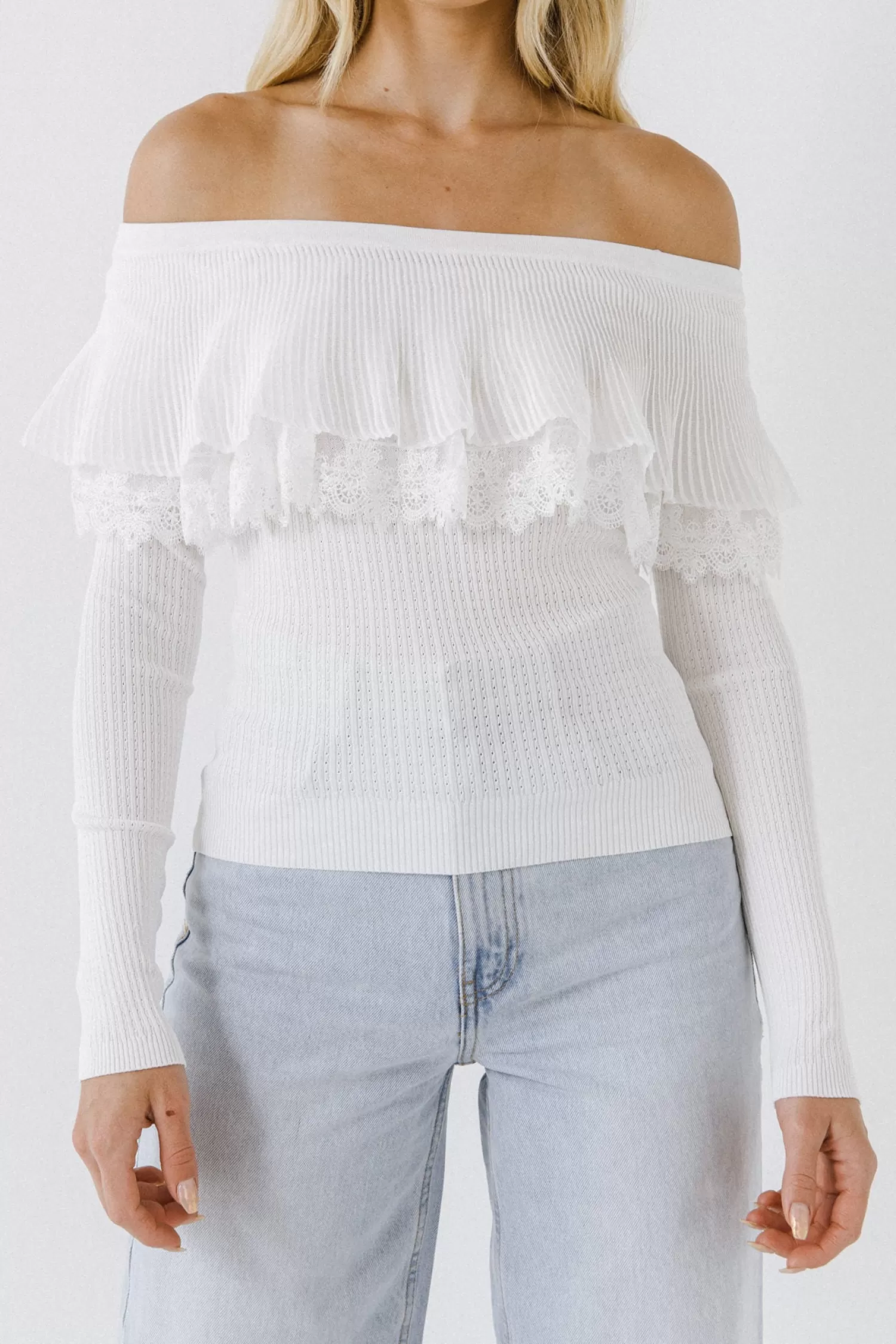 Cheap Lace Ruffle Off-The-Shoulder Top Frills And Thrills | Sweaters & Knits