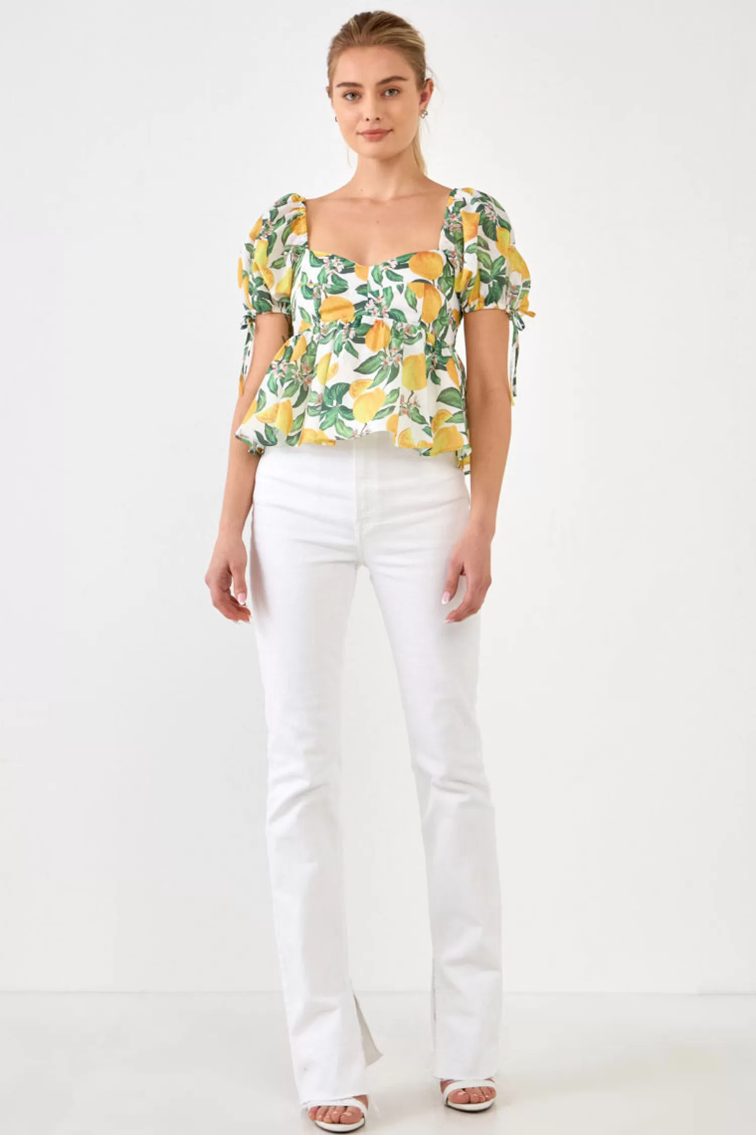 Fashion Lemon Print Puff Sleeve Top Tops