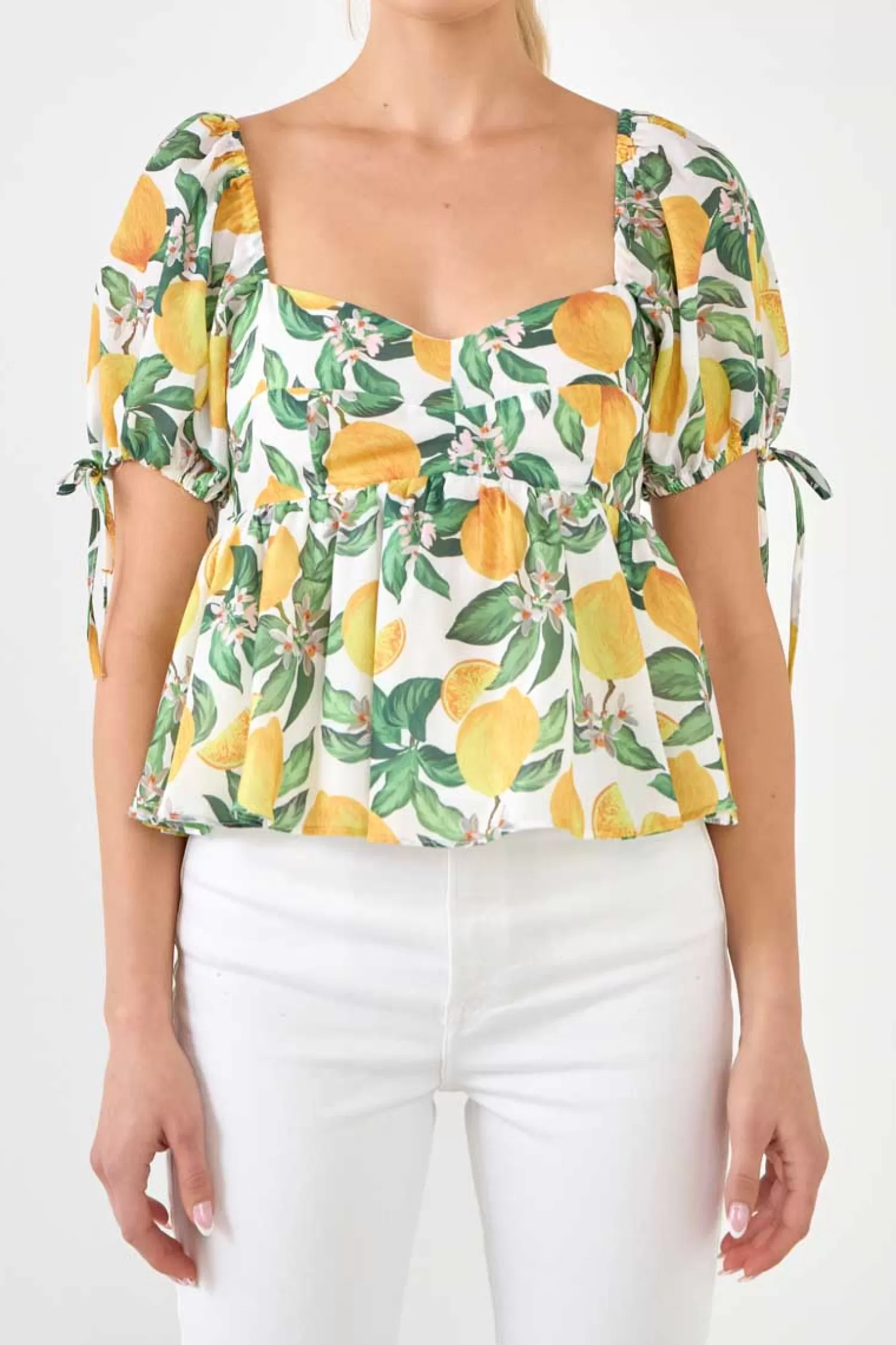 Fashion Lemon Print Puff Sleeve Top Tops