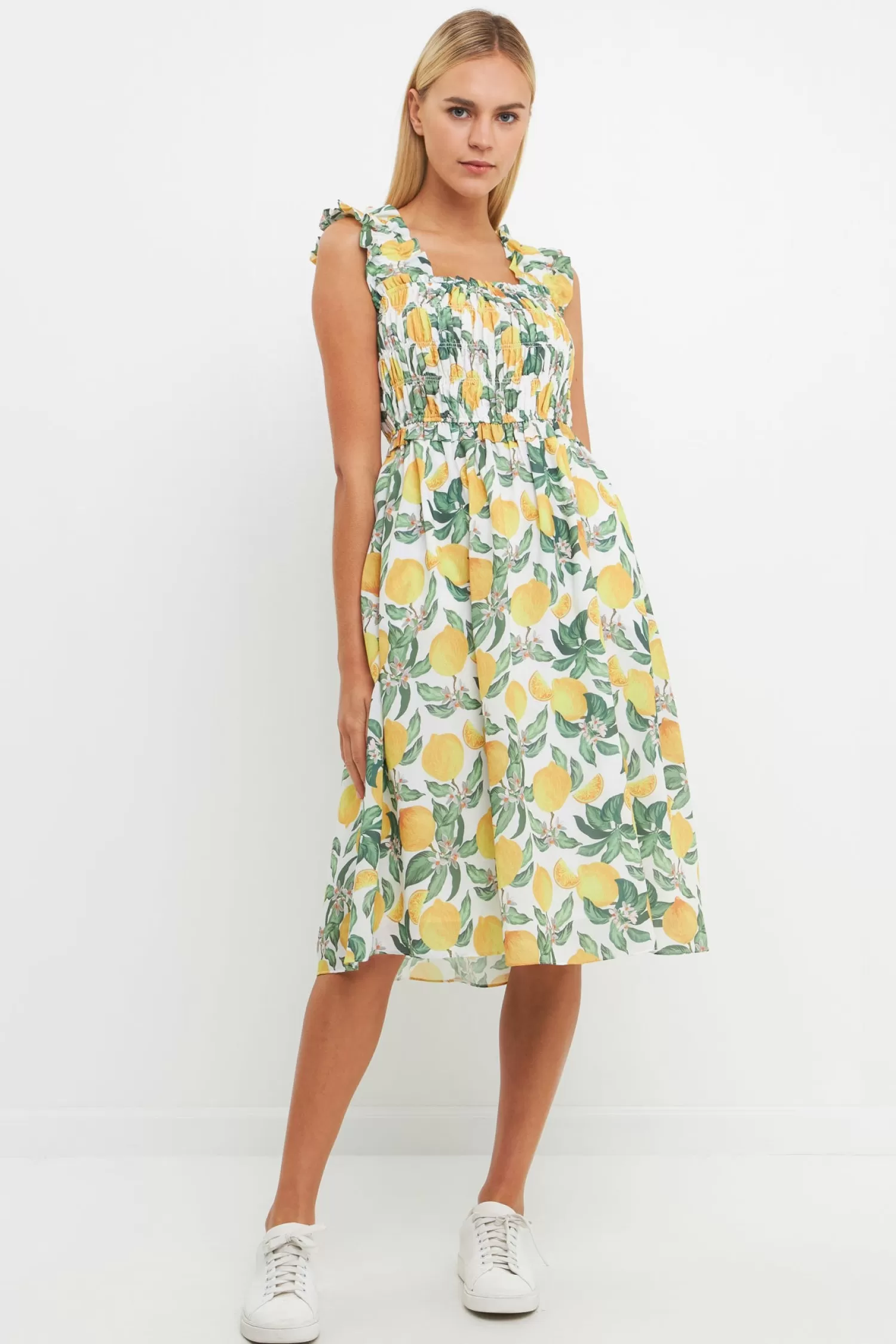 Clearance Lemon Print Smocked Bodice Midi Dress Resort Ready | Midi Dresses