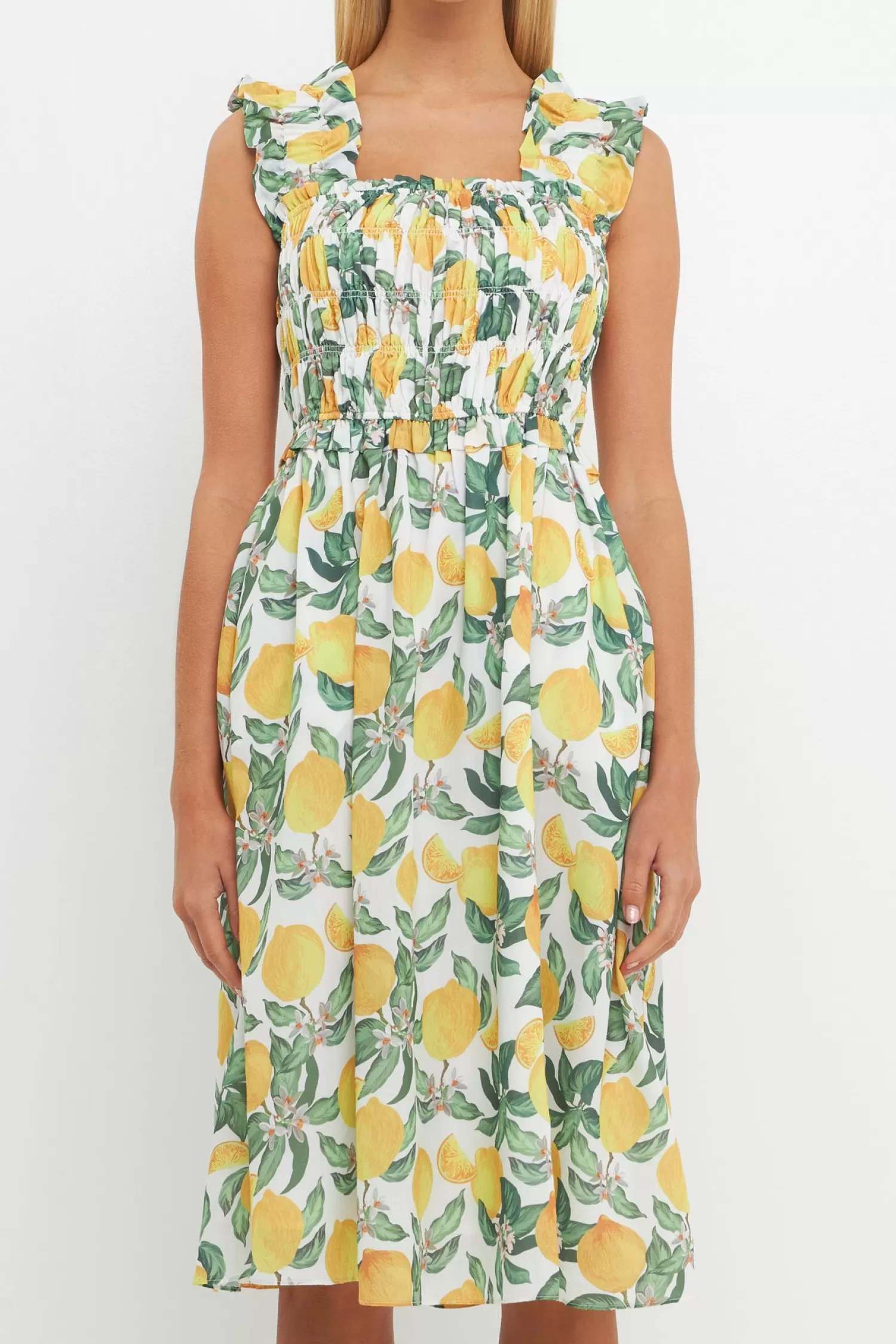 Clearance Lemon Print Smocked Bodice Midi Dress Resort Ready | Midi Dresses