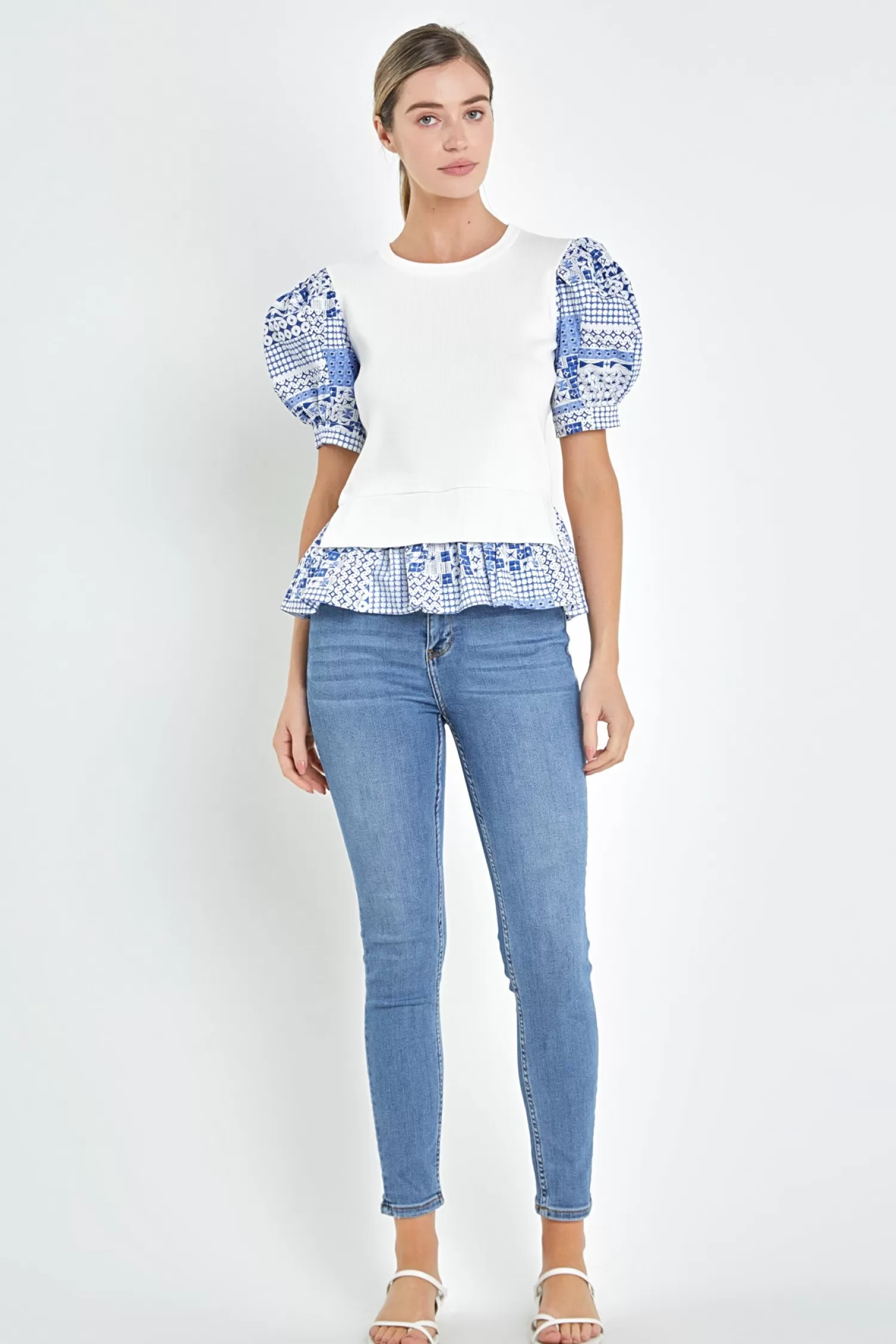 Cheap Mixed Media Floral Sleeve Knit Top Frills And Thrills | Puff Sleeve Perfection