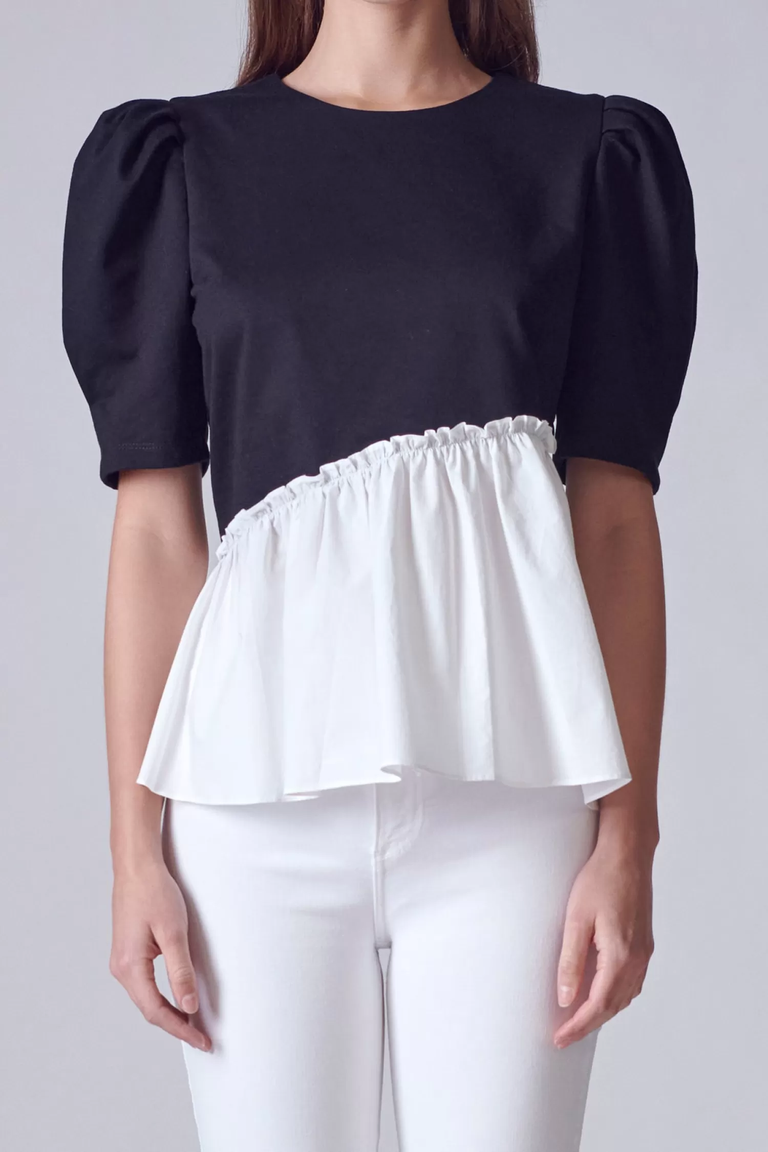 Cheap Mixed Media Peplum Contrast Top Mixed Media | Puff Sleeve Perfection