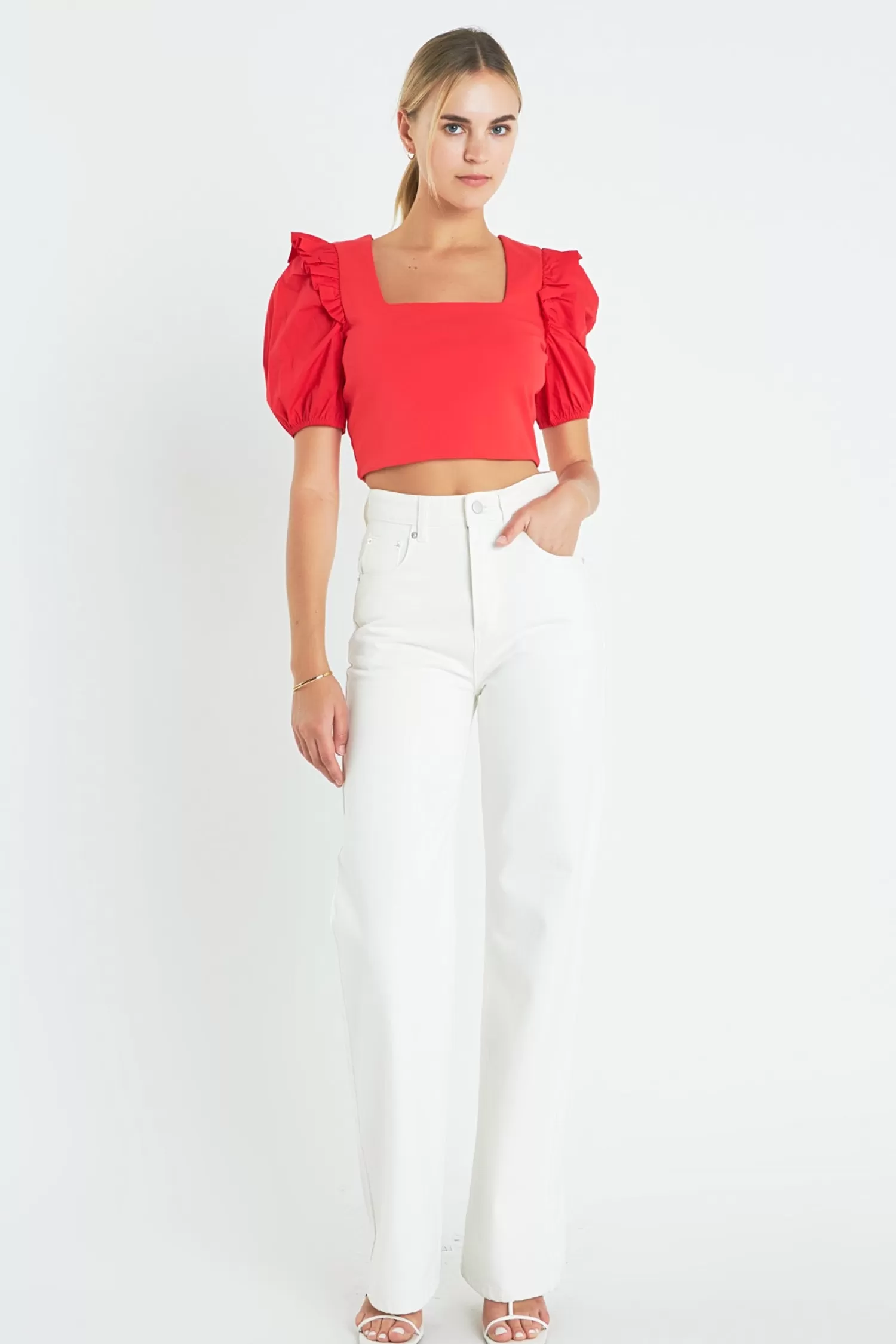 Fashion Mixed Media Puff Sleeve Knit Top Frills And Thrills | Puff Sleeve Perfection