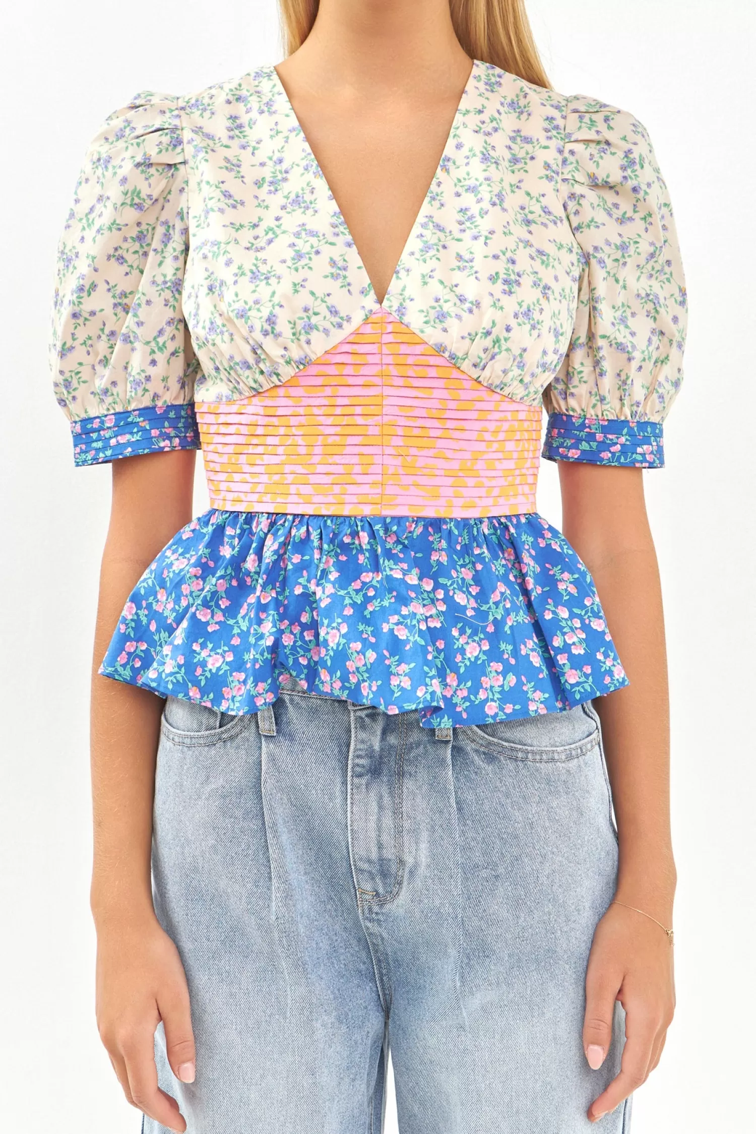 Store Mixed Print Peplum Top Tops