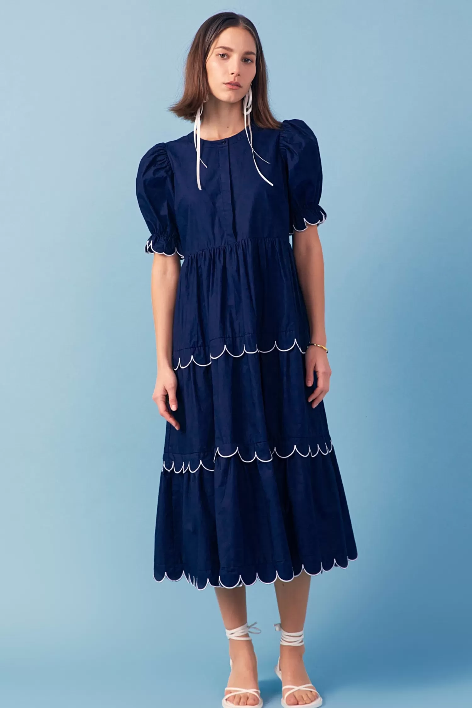 Clearance Navy Scalloped Edge Midi Dress Midi Dresses | Lounge & Casual