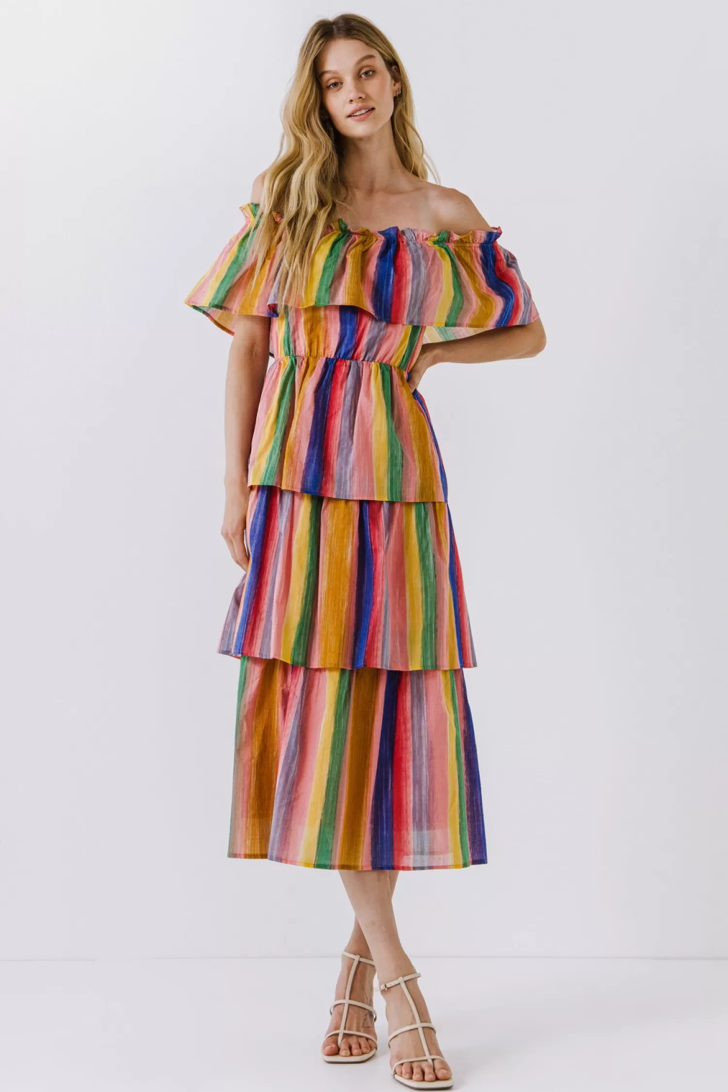 Hot Off-The-Shoulder Multi Striped Dress Midi Dresses | Frills And Thrills