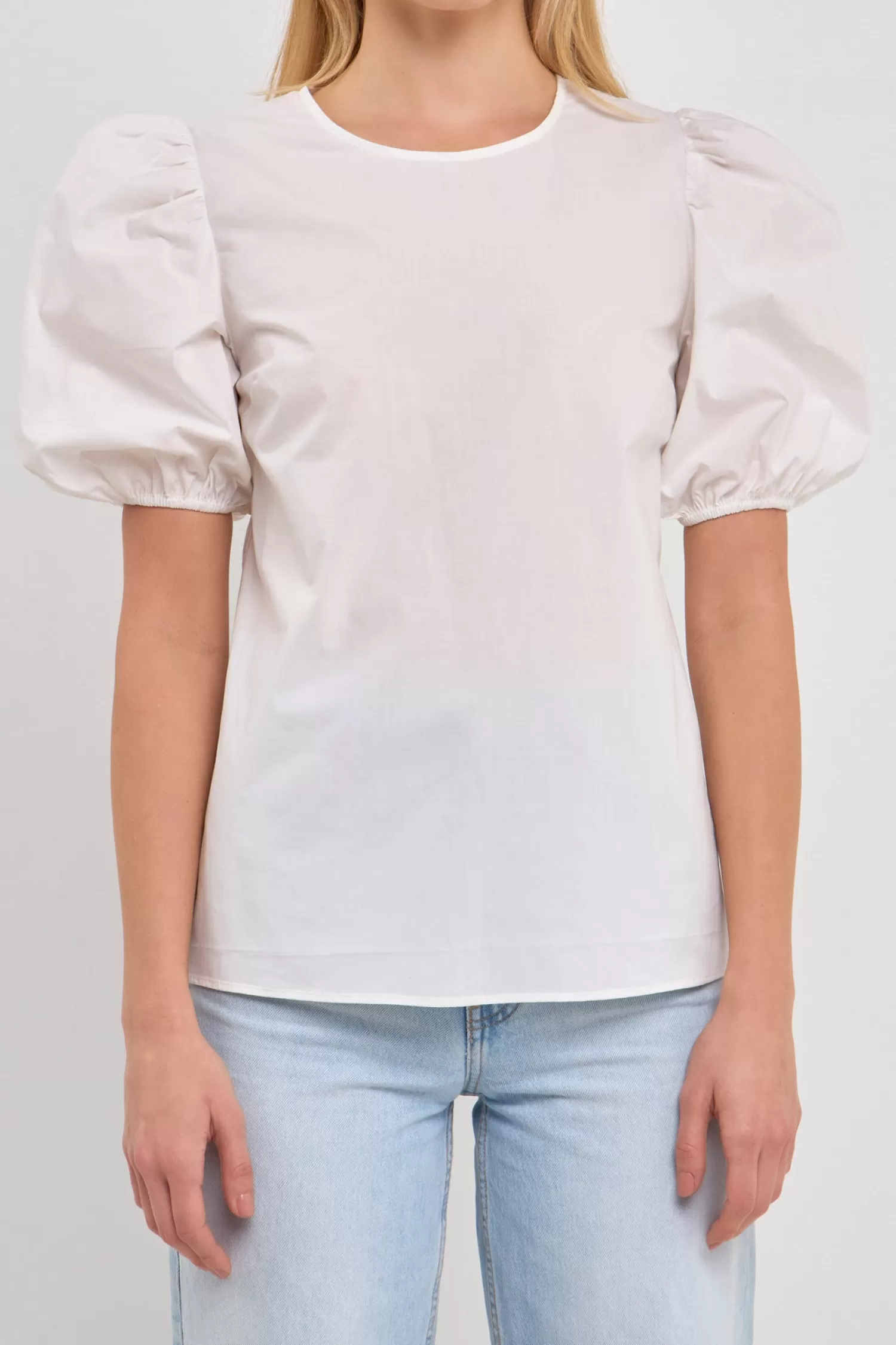 Fashion Open Back Bow Detail Top with Puff Sleeves Tops