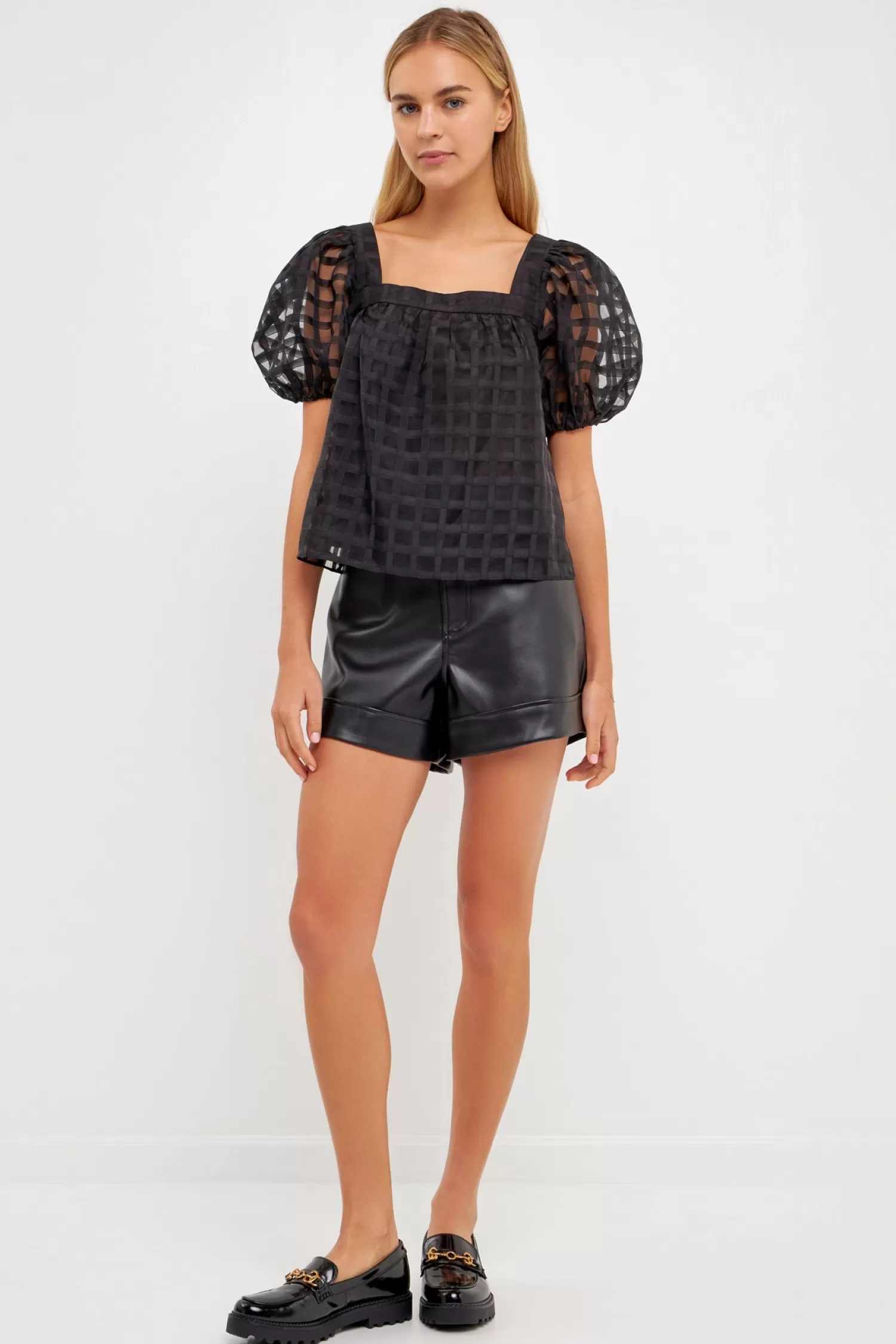 Discount Organza Gridded Square Neck Crop Top Elevate With Organza | Tops