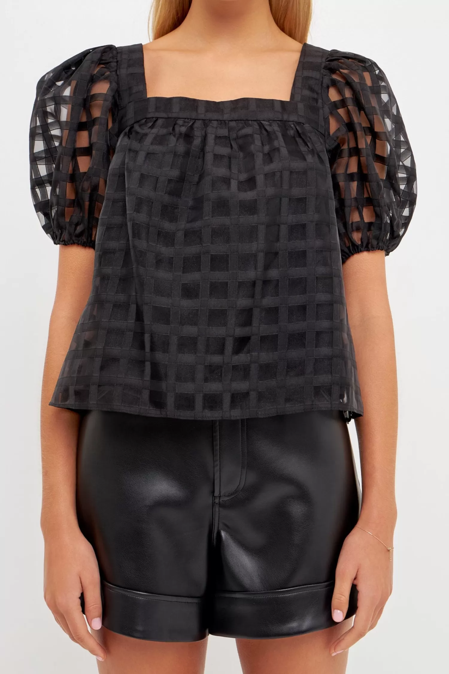 Discount Organza Gridded Square Neck Crop Top Elevate With Organza | Tops