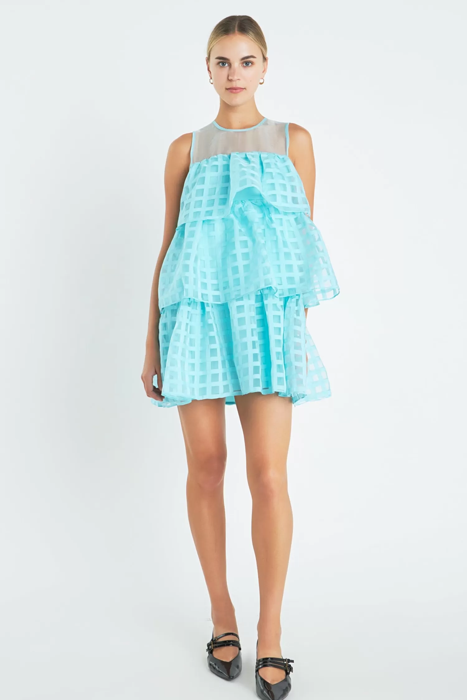 Best Sale Organza Gridded Tiered Sleeveless Mini Dress Date Night Dreams | Resort Ready