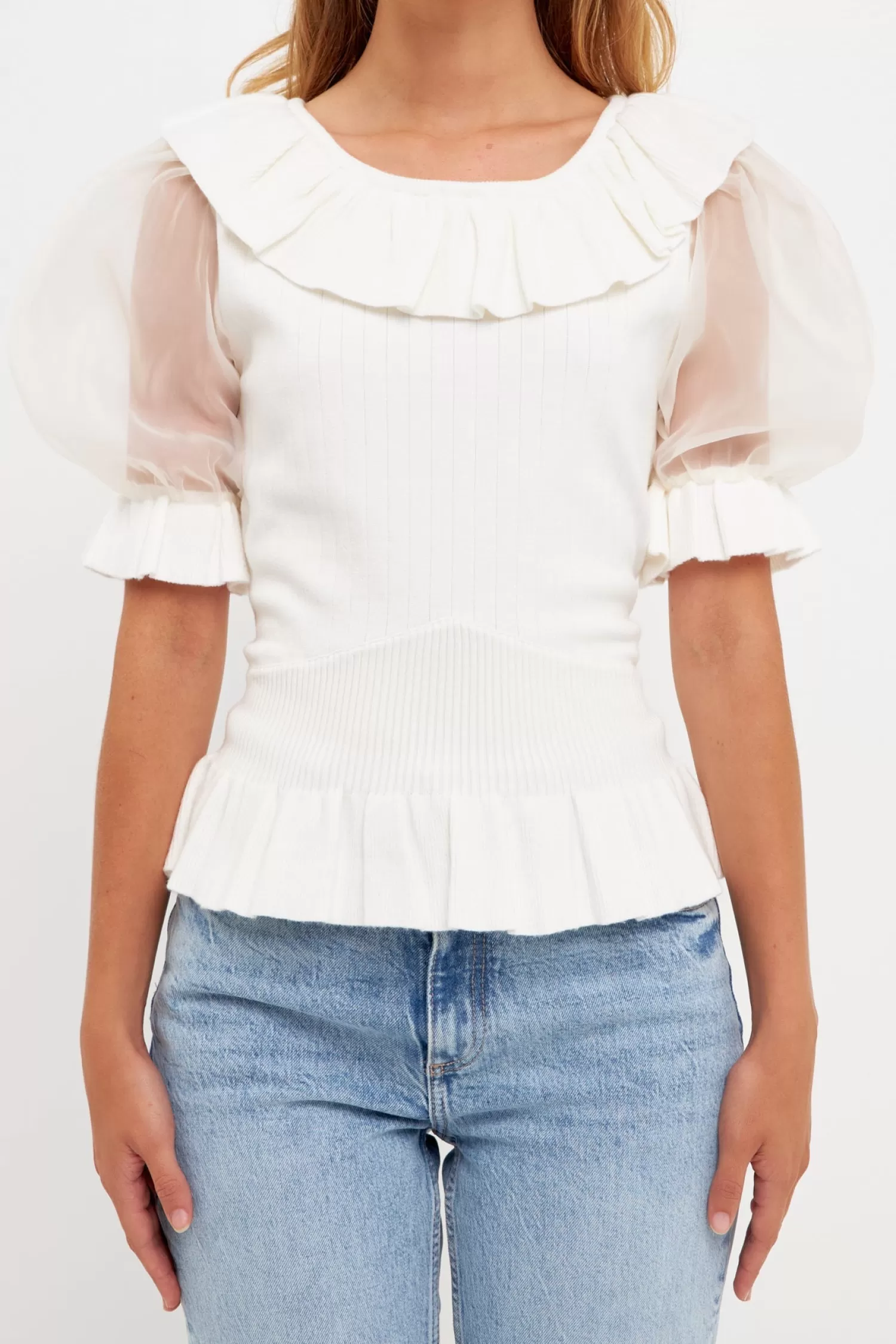 Discount Organza Puff Sleeve Knit Top with Ruffled Neck Frills And Thrills | Puff Sleeve Perfection