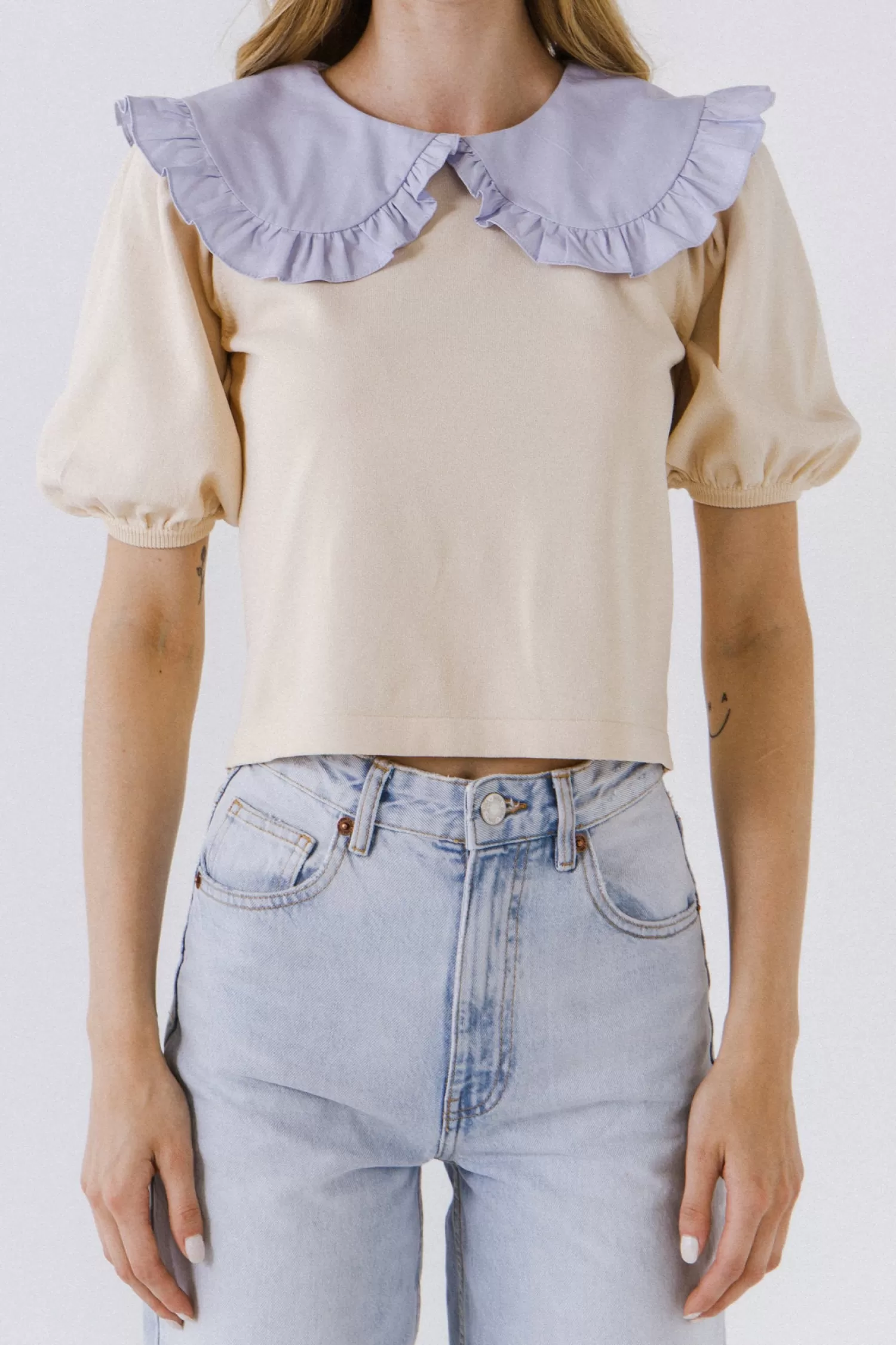 Clearance Oversized Ruffled Collar Knit Top Frills And Thrills | Puff Sleeve Perfection