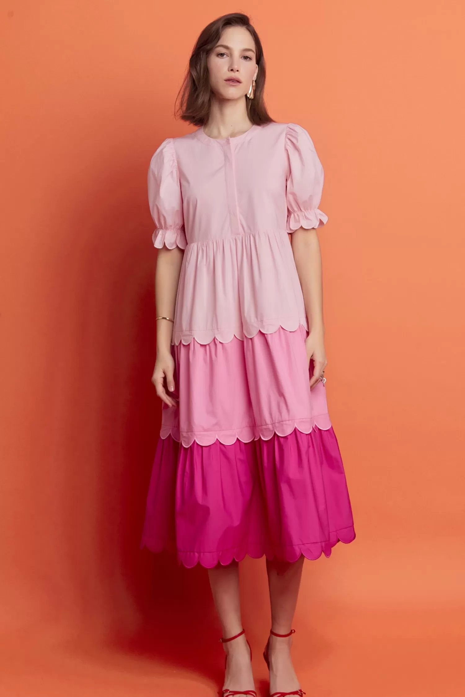 Fashion Pink Colorblock Scallop Dress Midi Dresses | Dresses