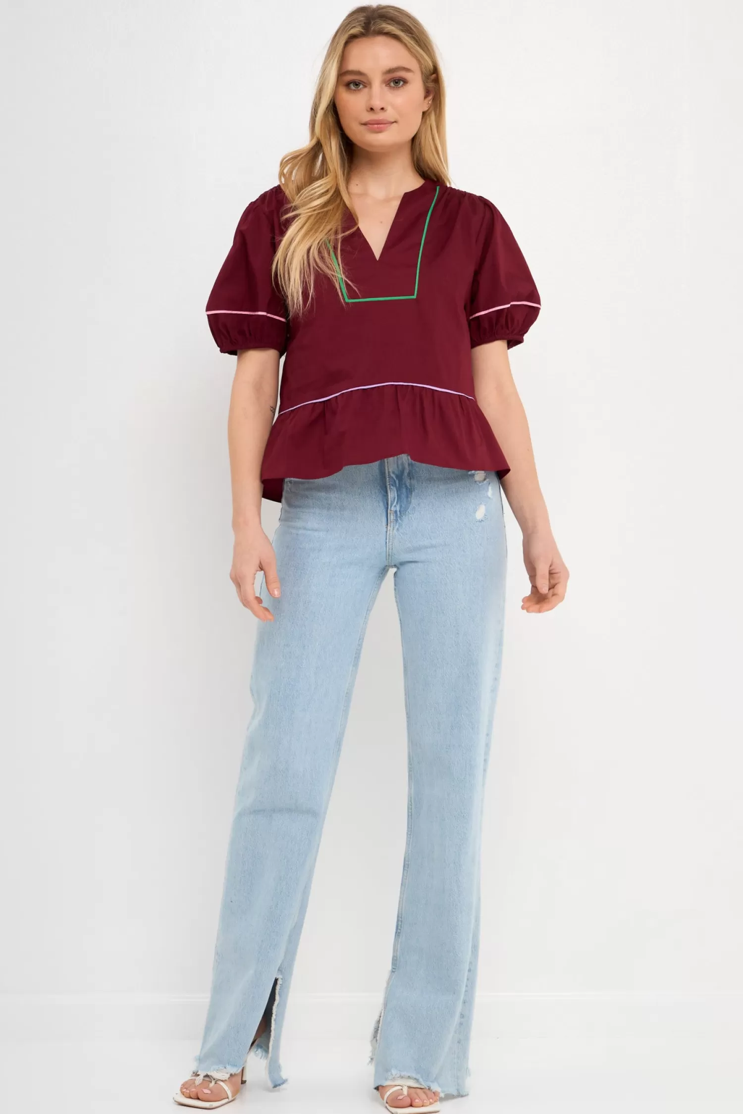 Cheap Piping Detail Top with Short Puff Sleeves Best Sellers | Frills And Thrills