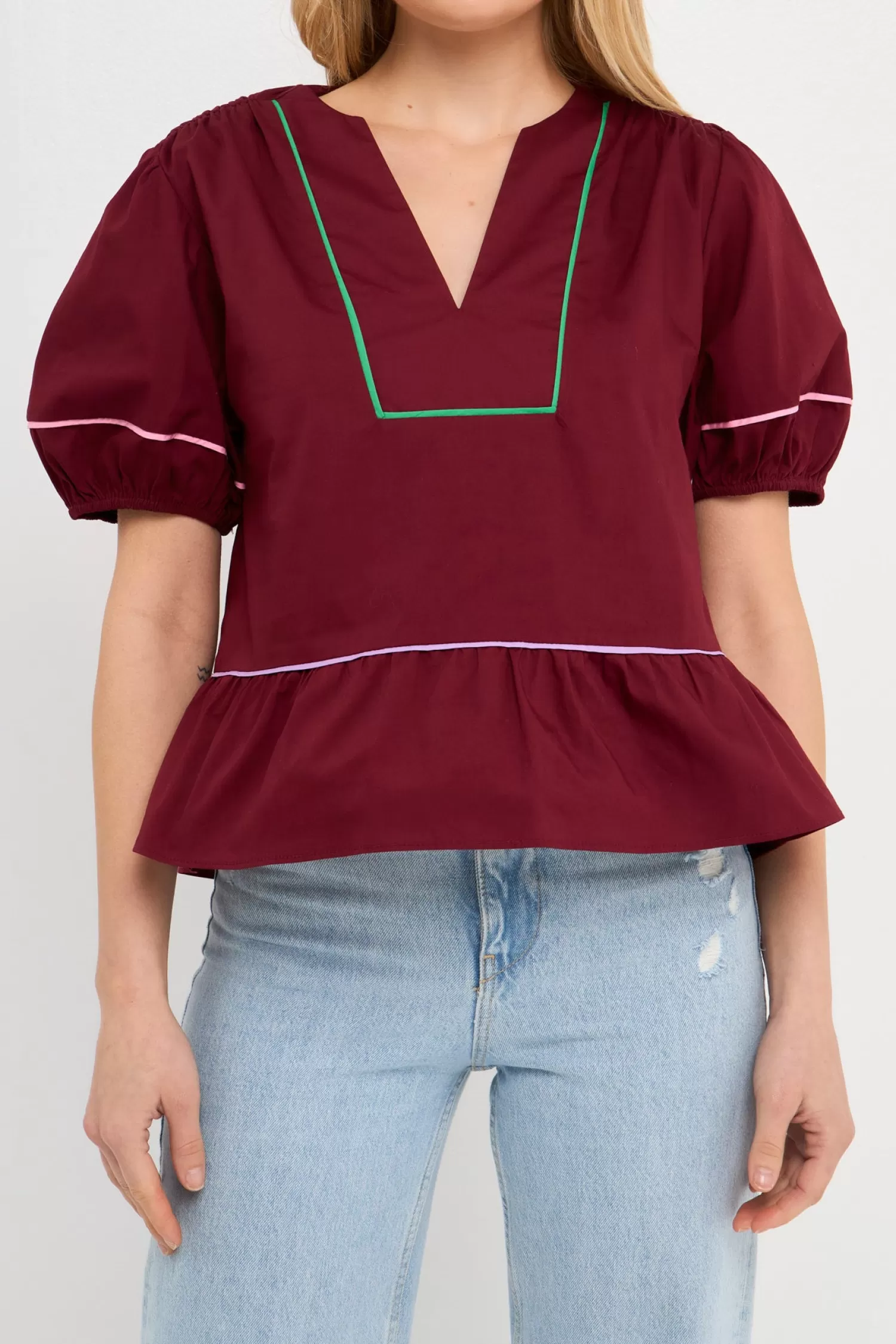 Cheap Piping Detail Top with Short Puff Sleeves Best Sellers | Frills And Thrills