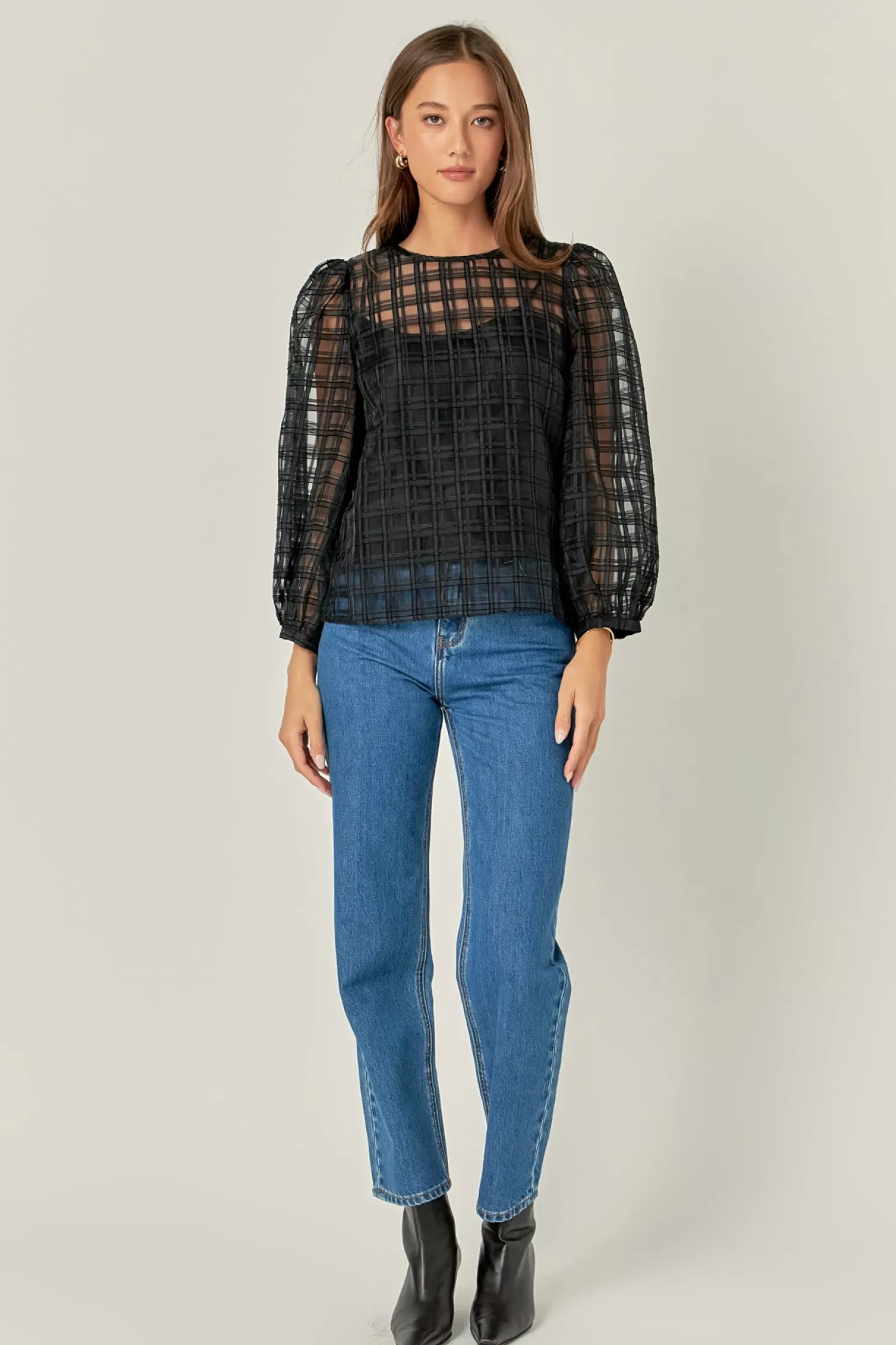 Best Sale Plaid Organza Long Sleeve Top Elevate With Organza | Puff Sleeve Perfection