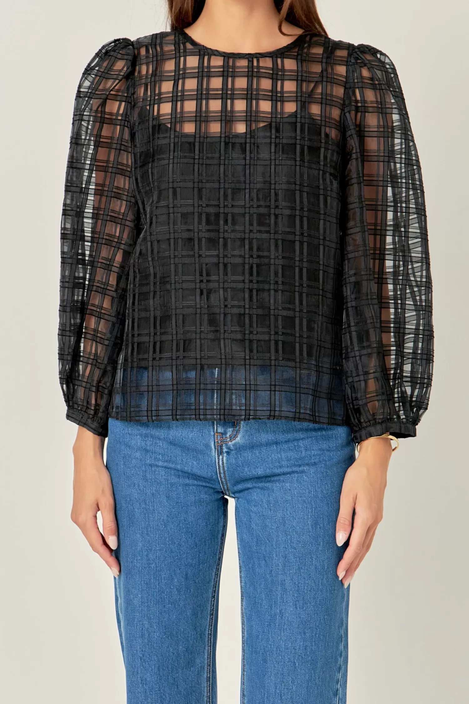 Best Sale Plaid Organza Long Sleeve Top Elevate With Organza | Puff Sleeve Perfection