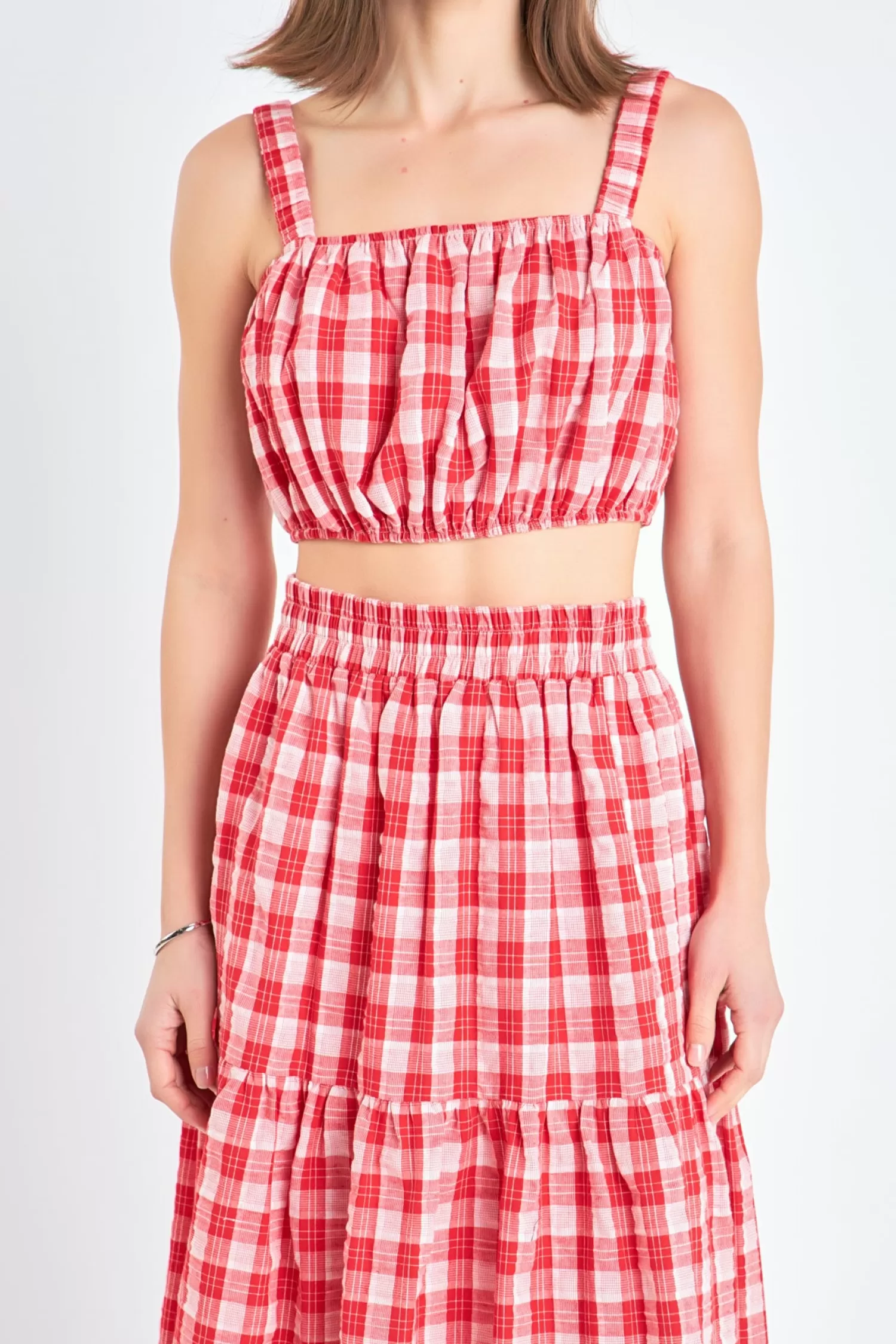 New Plaid Ruched Thick Strap Bandeau Night Out | Tops