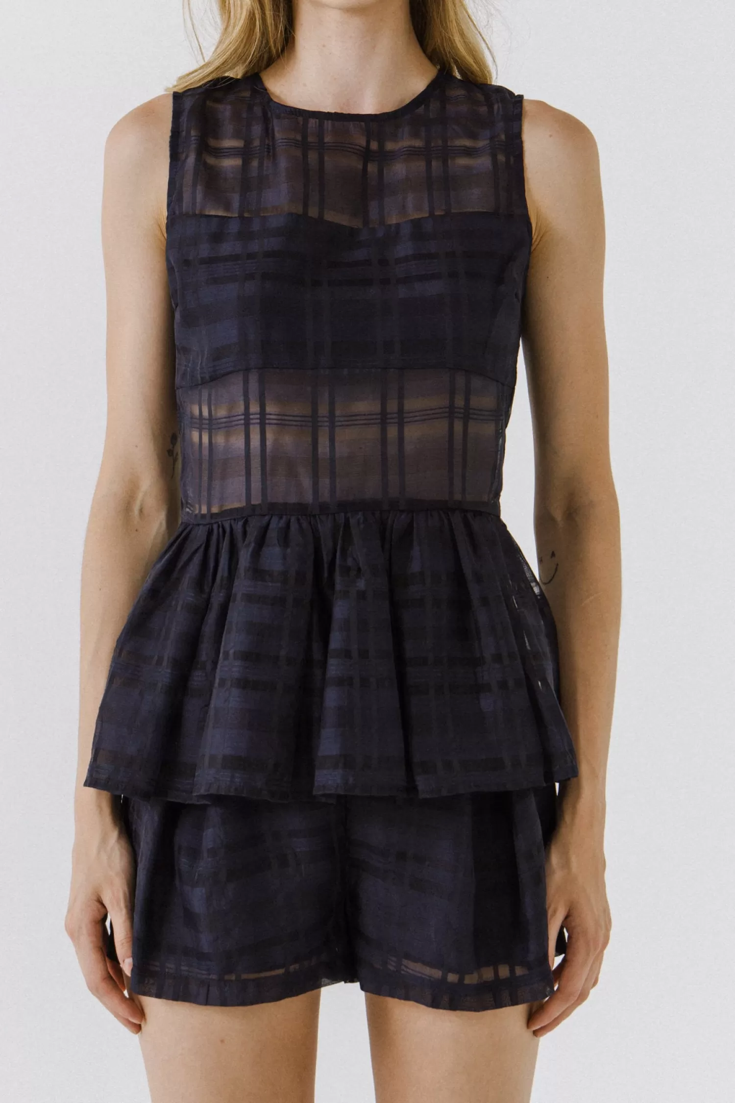 Best Sale Plaid Sleeveless Peplum Top Night Out | Tops