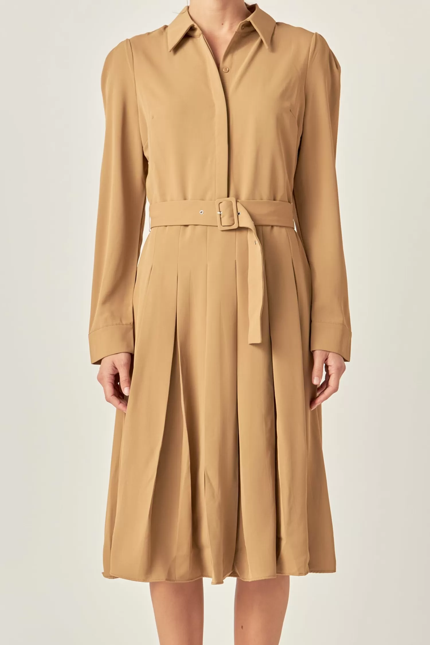 Hot Pleated Collared Long Sleeve Midi Dress Date Night Dreams | Midi Dresses