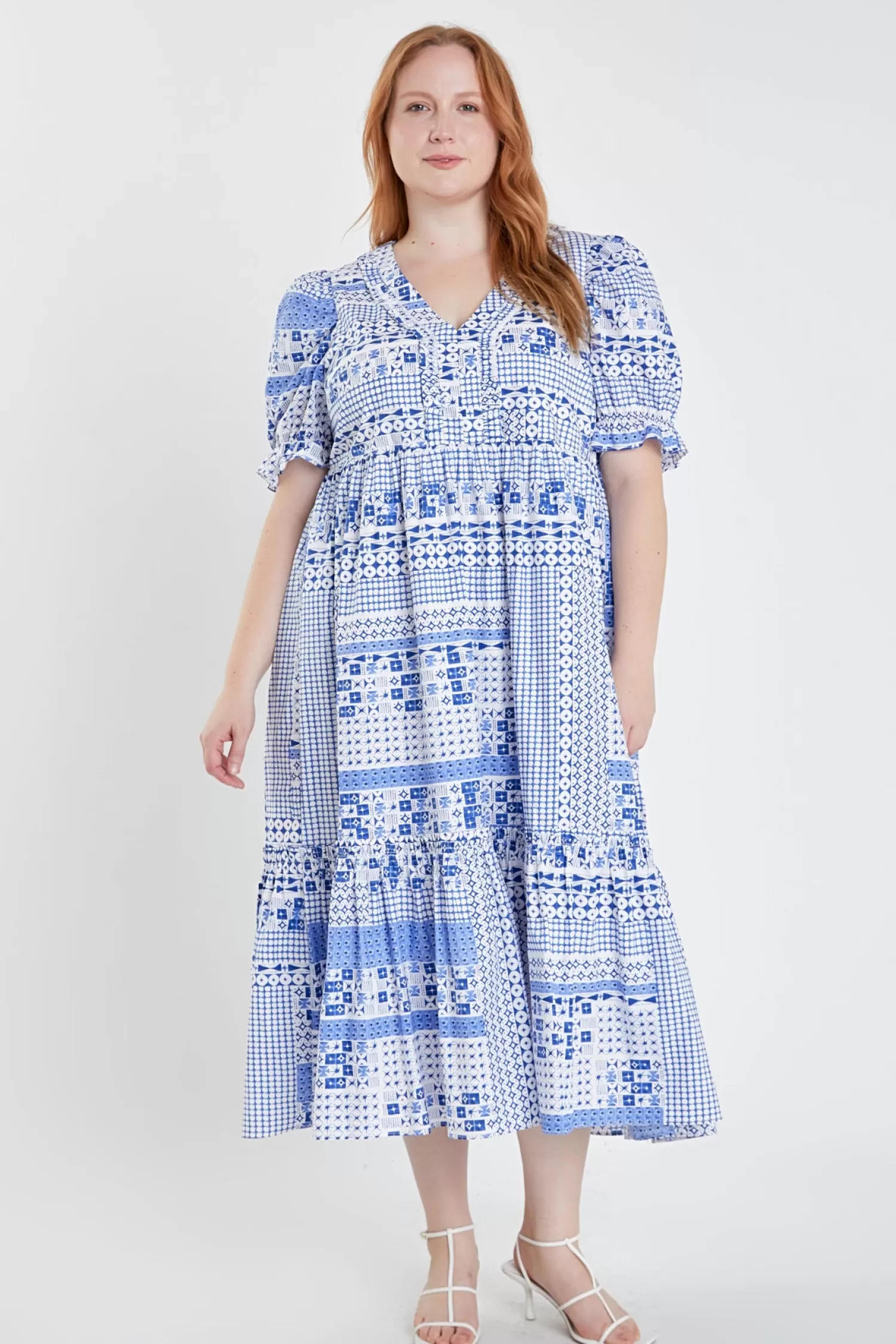 Sale Plus Size Geometric Print Tiered Midi Dress Midi Dresses | Puff Sleeve Perfection