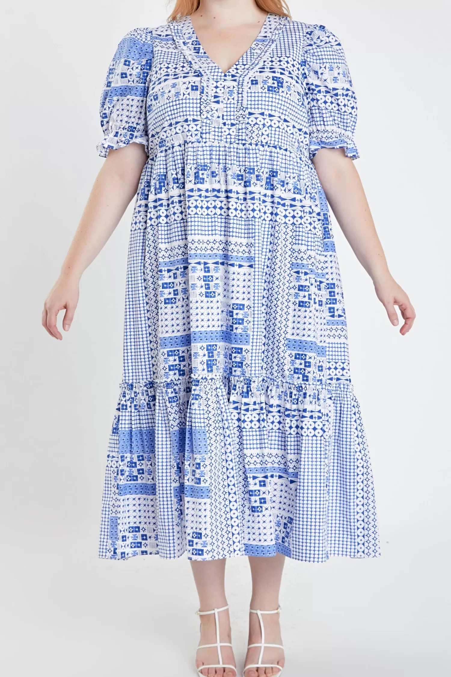 Sale Plus Size Geometric Print Tiered Midi Dress Midi Dresses | Puff Sleeve Perfection