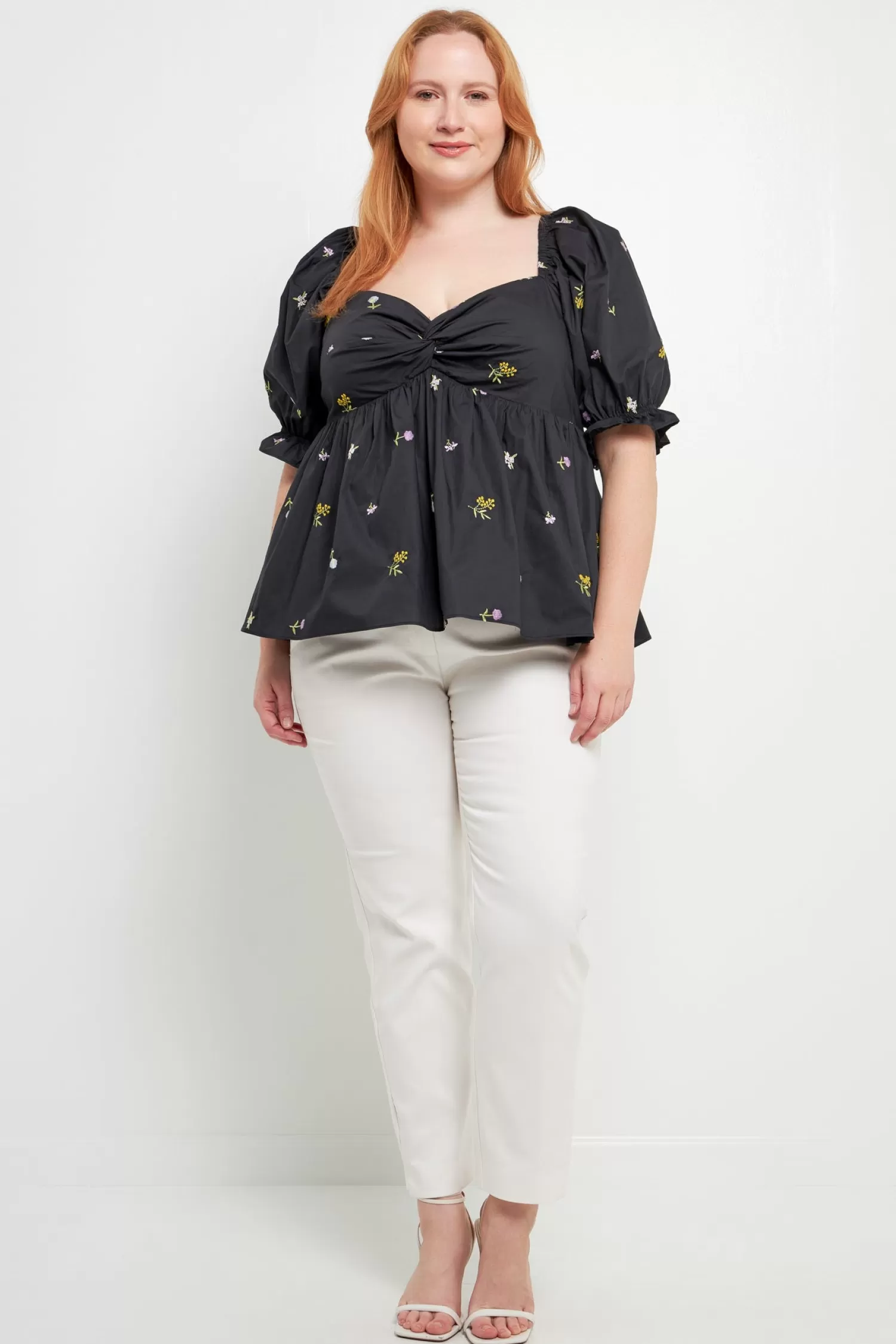 Online Plus Size Multi Floral Embroidery Top Tops