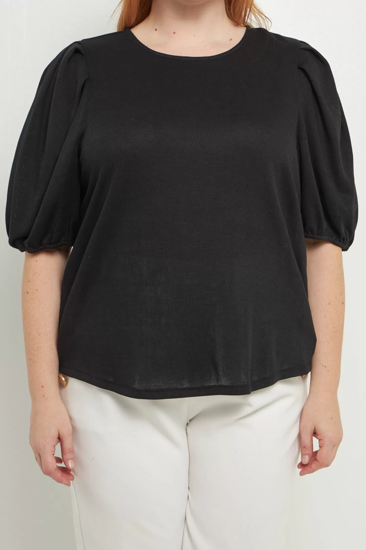 Cheap Plus Size Pleated Shoulder Knit Top Tops