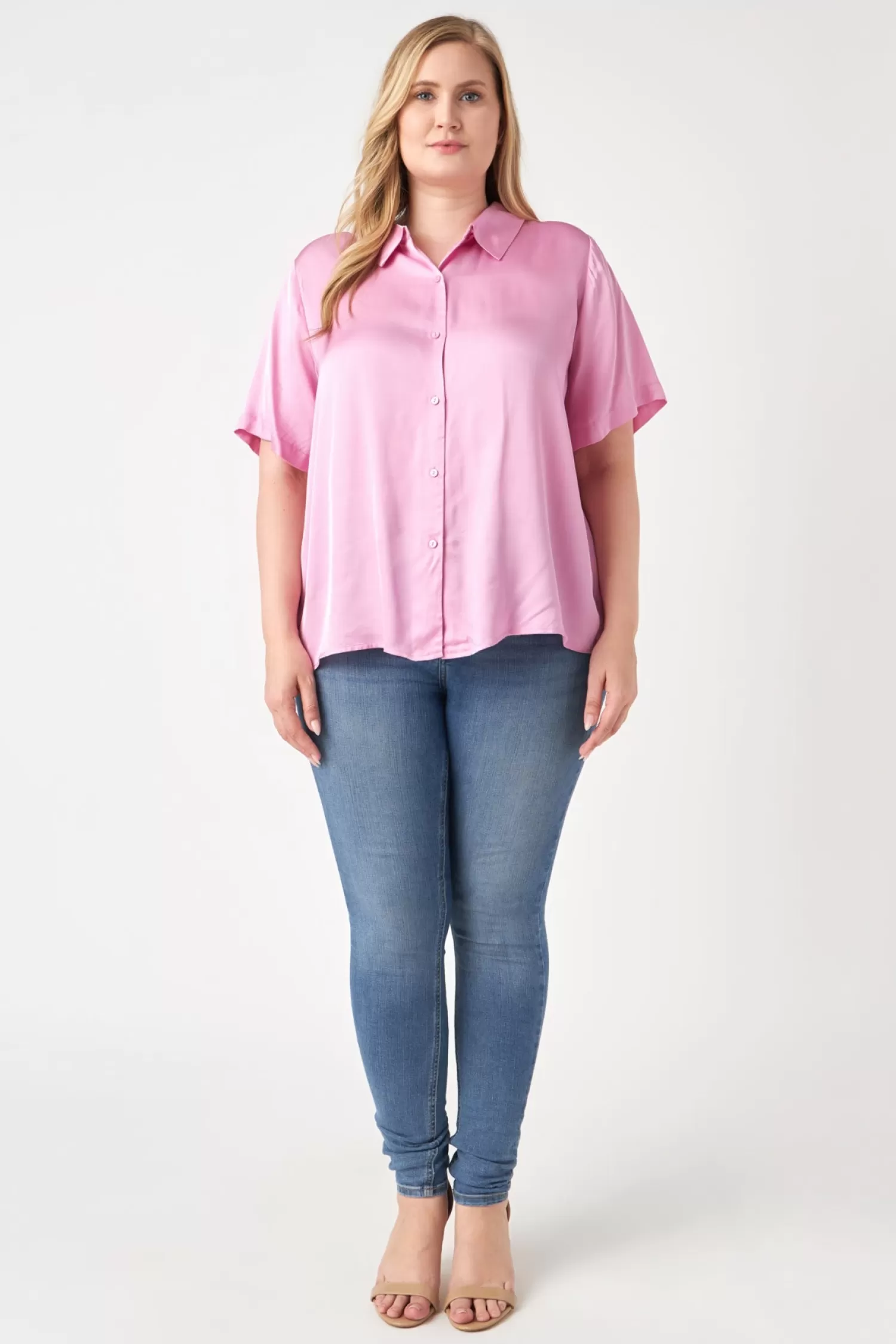 New Plus Size Satin Short Sleeve Shirt Plus Size | Tops