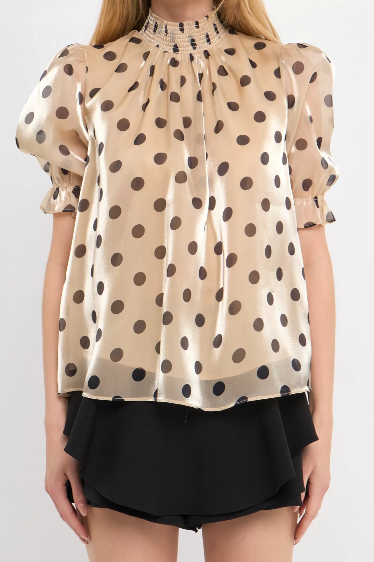 Flash Sale Polka-dot Puff Sleeve Top with Mock neck Elevate With Organza | Date-Night Ready