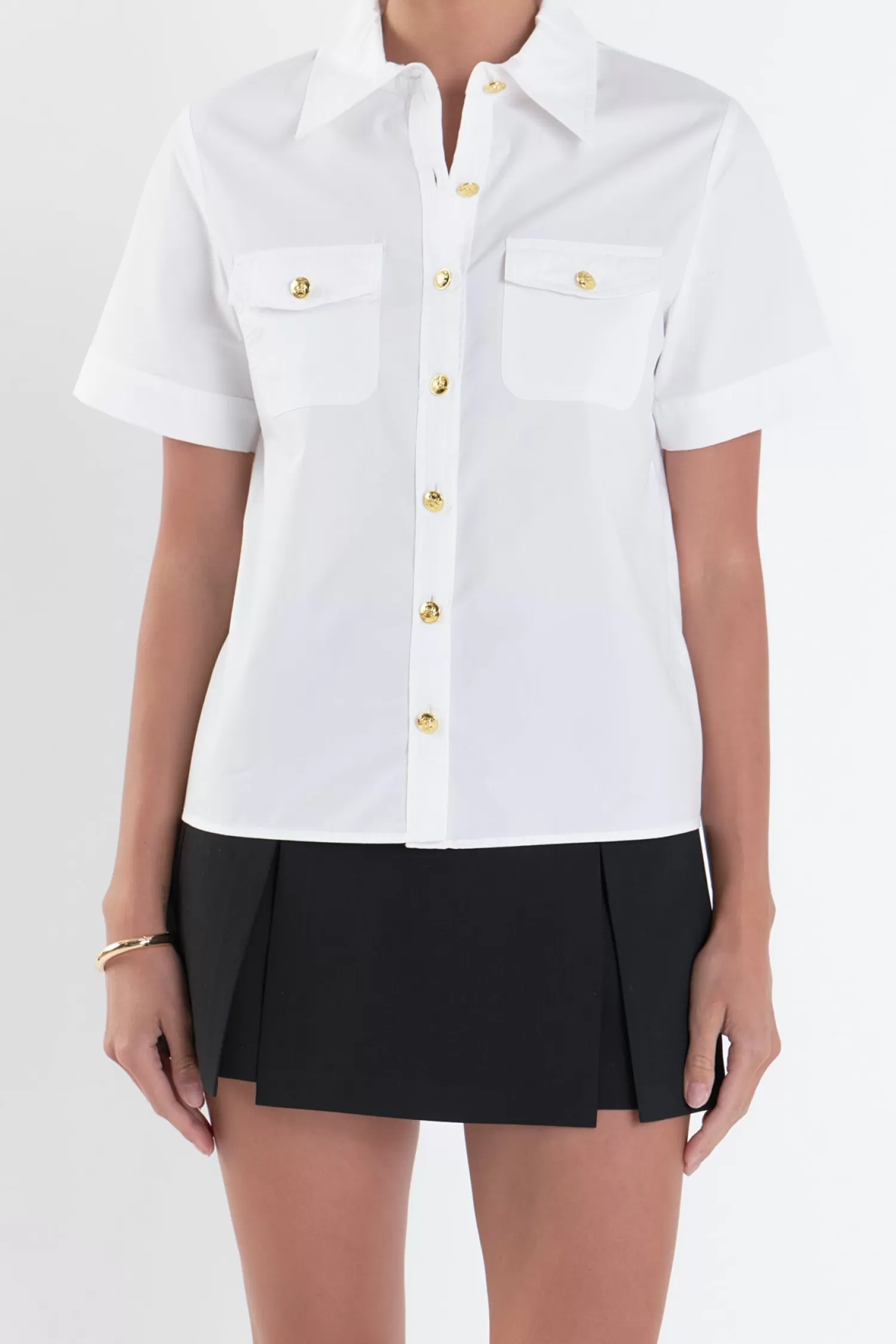 Sale Poplin Short Sleeve Shirt with Gold Buttons Tops