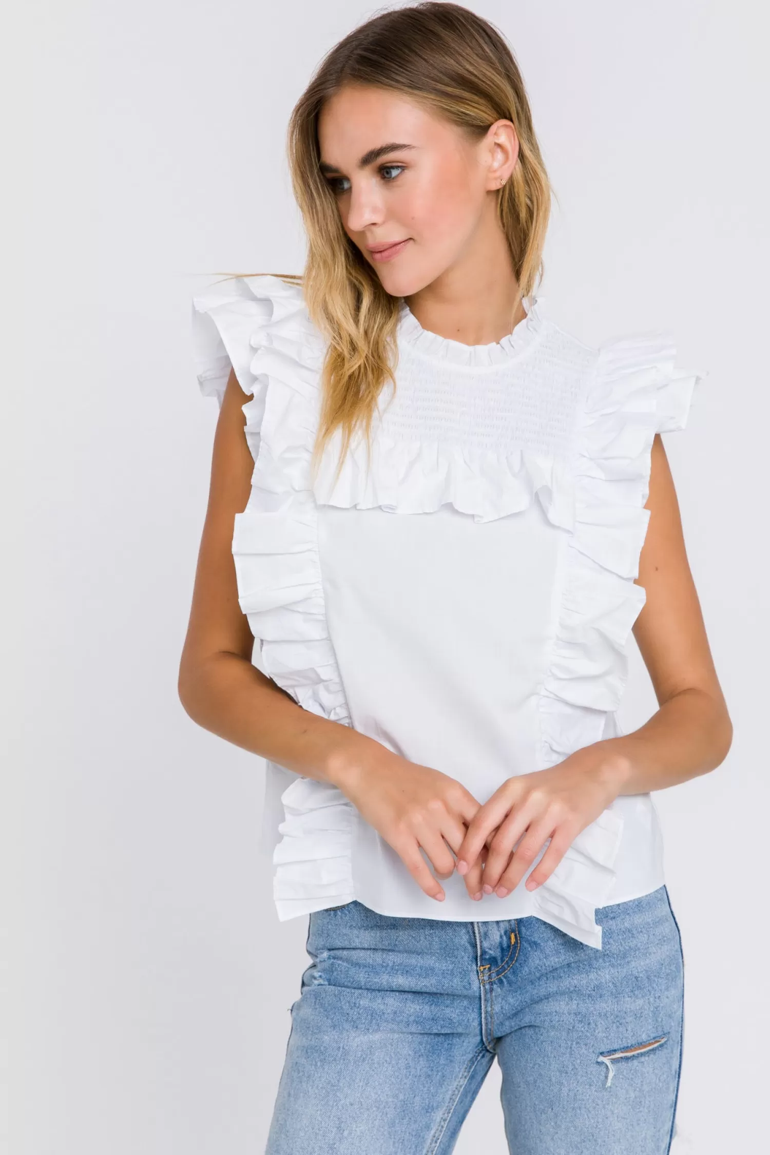 Cheap Poplin Smocked Ruffled Top Frills And Thrills | Tops