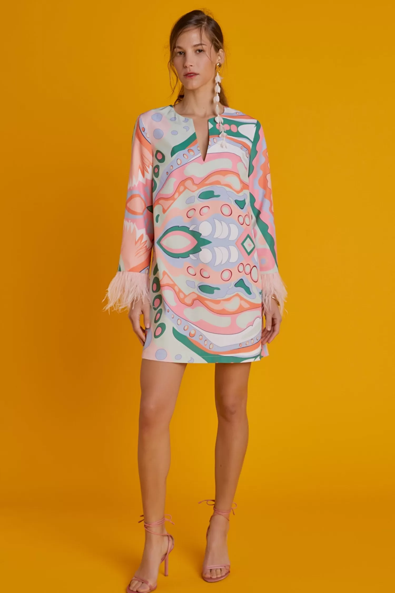 Online Print Mini Tunic Dress With Feather Resort Ready | Mini Dresses