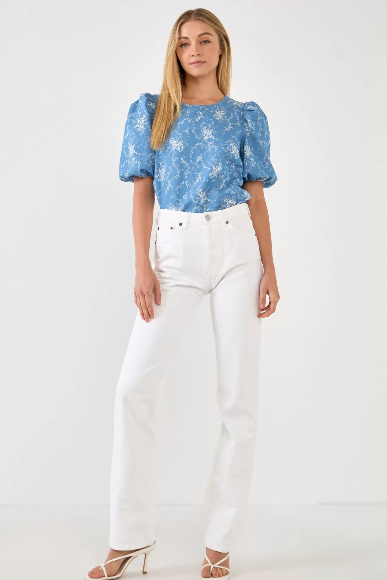 Flash Sale Puff Sleeve Chambray Floral Top Tops