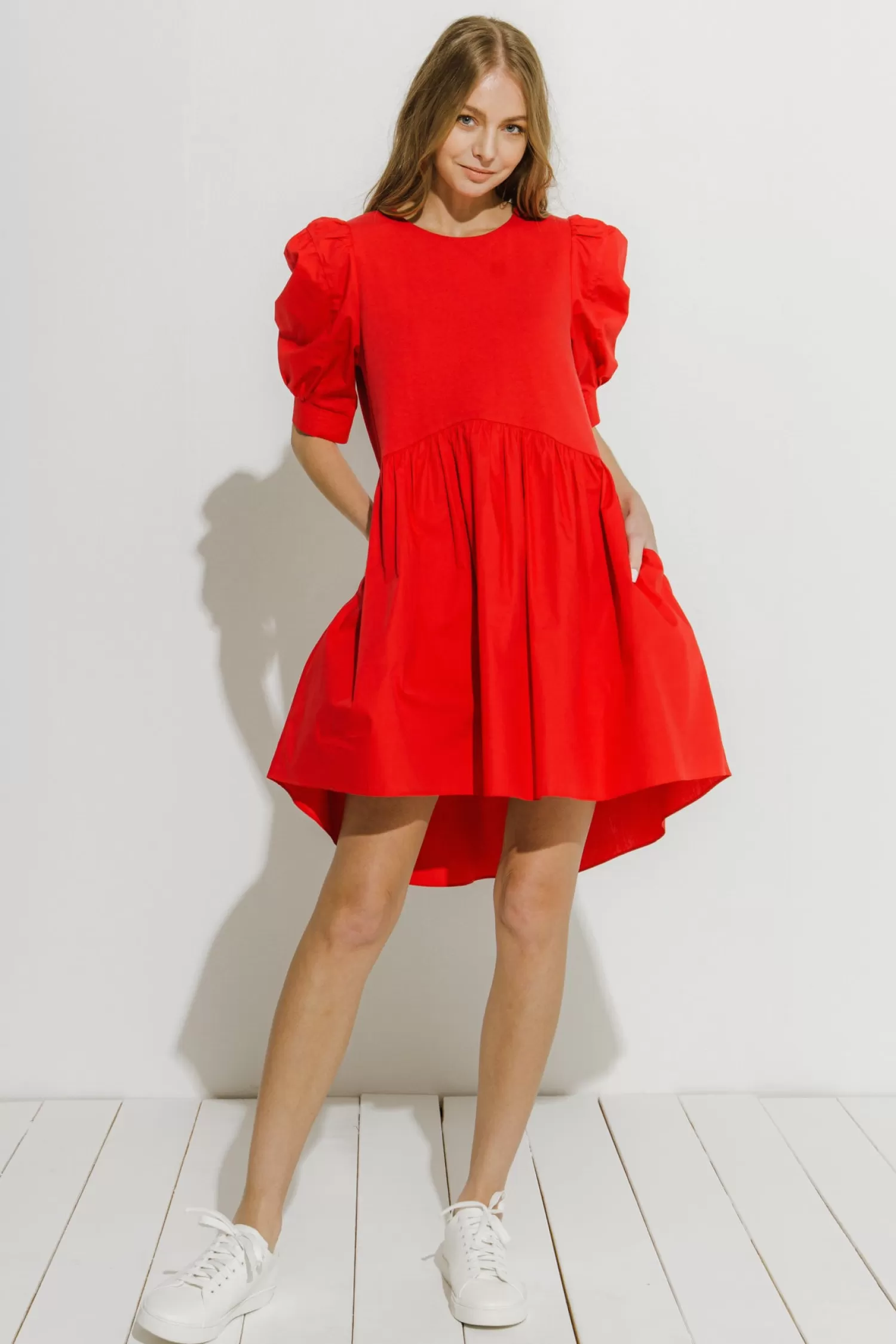 Clearance Puff Sleeve High Low Knit Combo Dress Office Chic | Special Occasion