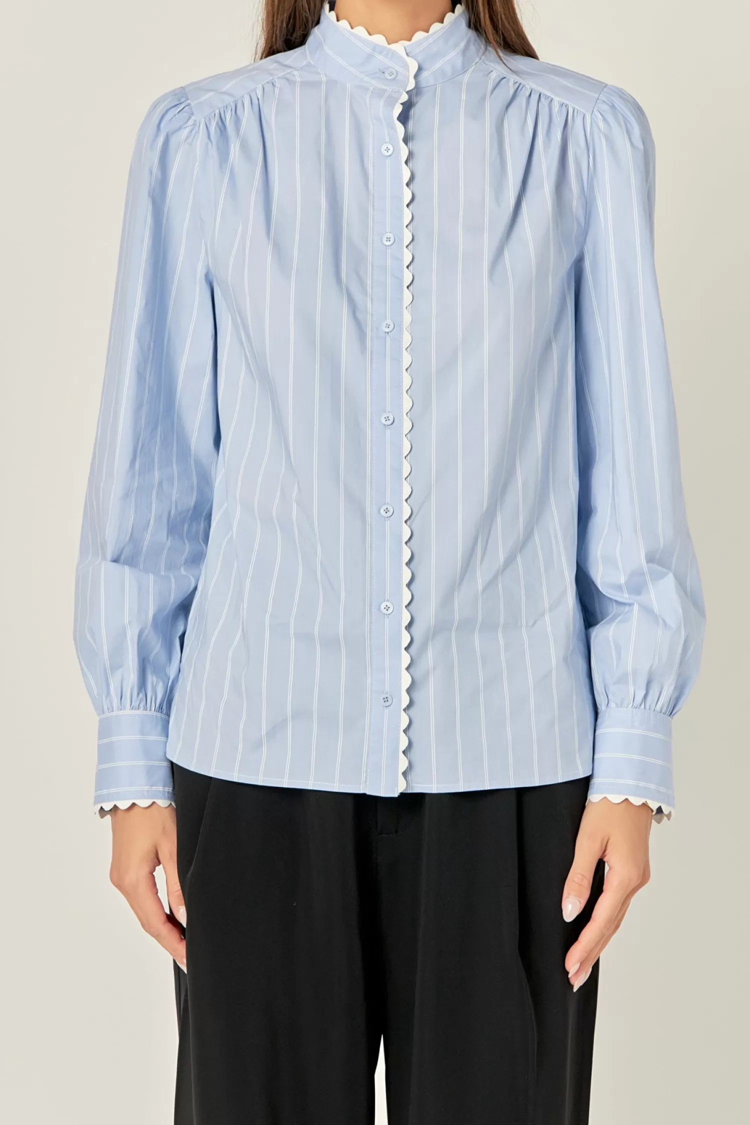 Best Sale Scallop Trimmed Stripe Shirt Blouse Tops