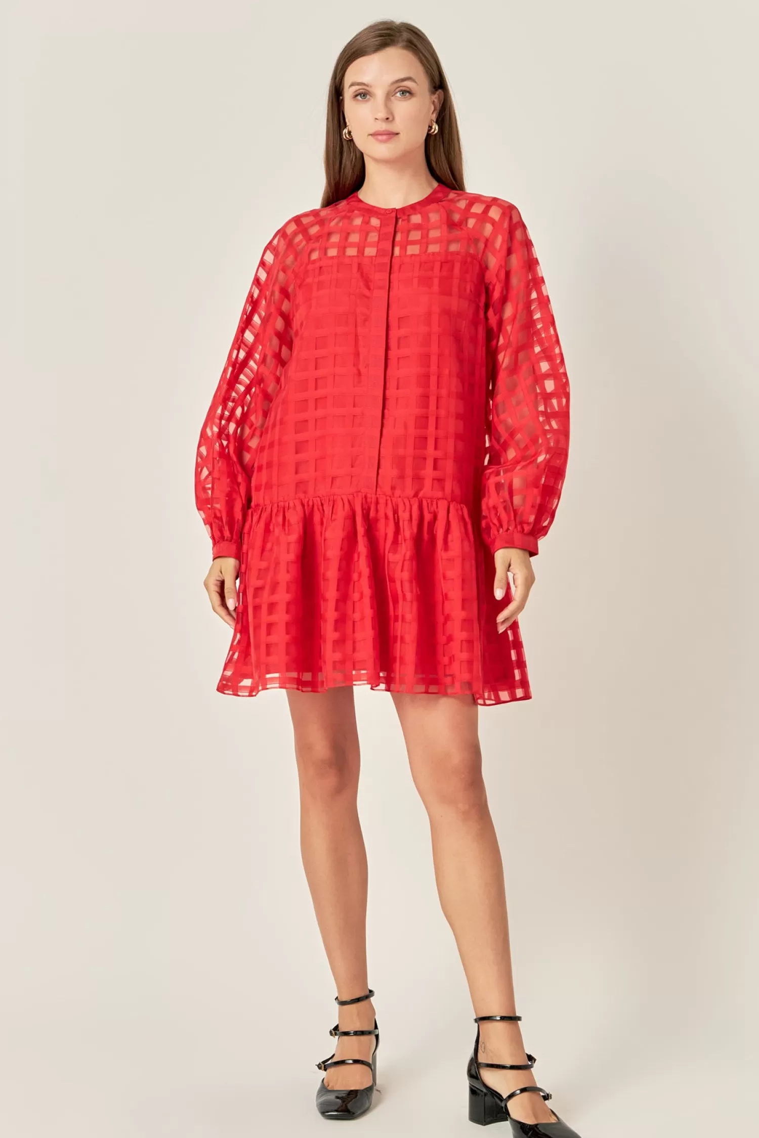 Discount Sheer Checke Organza Long Sleeve Mini Dress Date Night Dreams | Mini Dresses