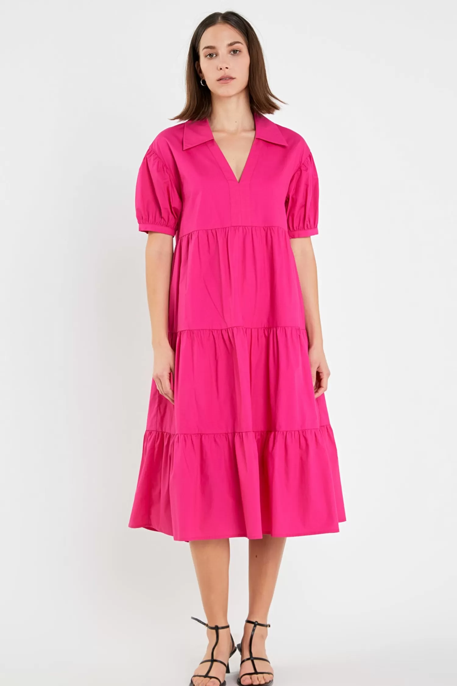 Outlet Short Puff Sleeve V-Neck Midi Dress Midi Dresses | Lounge & Casual