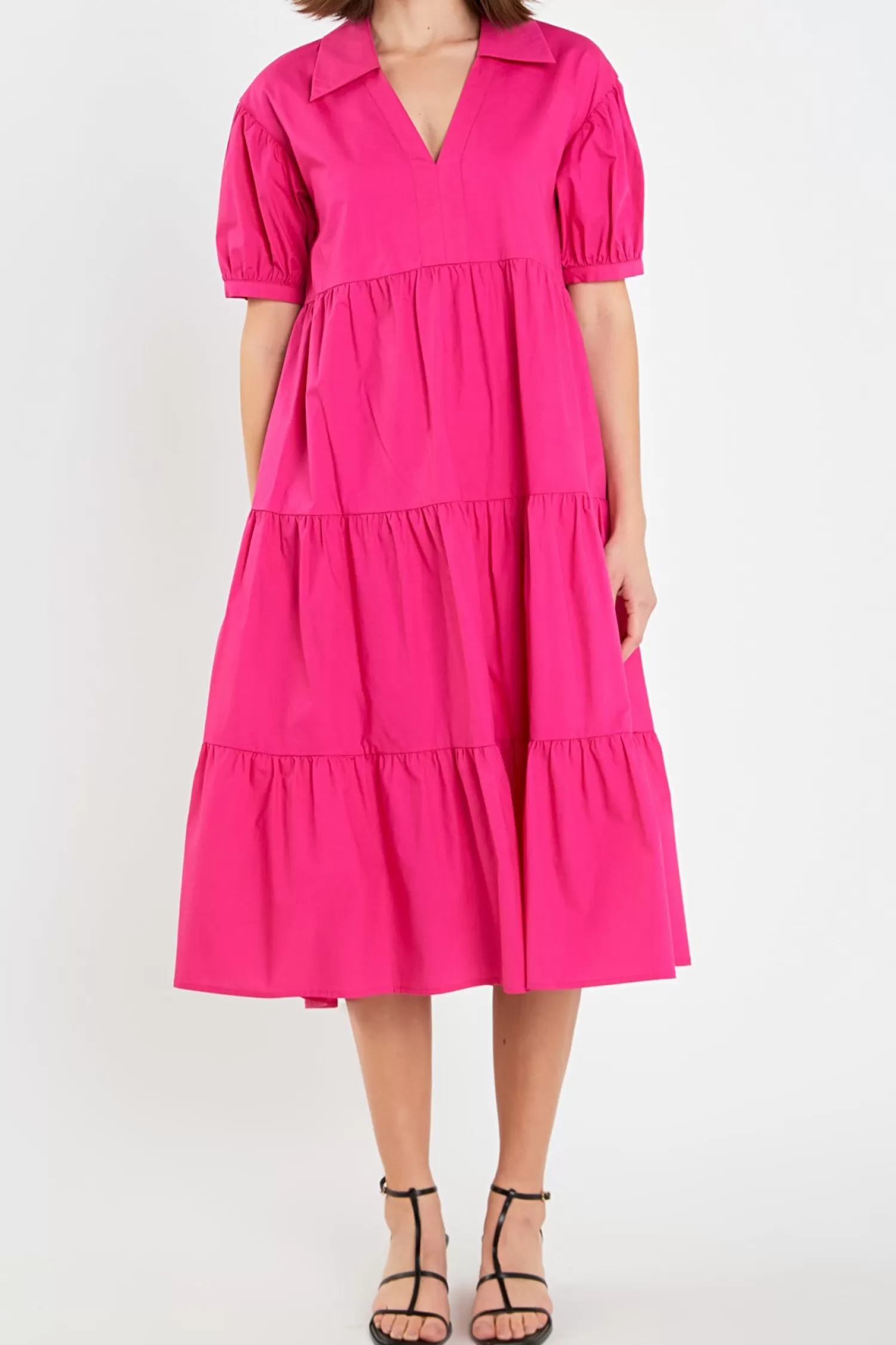 Outlet Short Puff Sleeve V-Neck Midi Dress Midi Dresses | Lounge & Casual