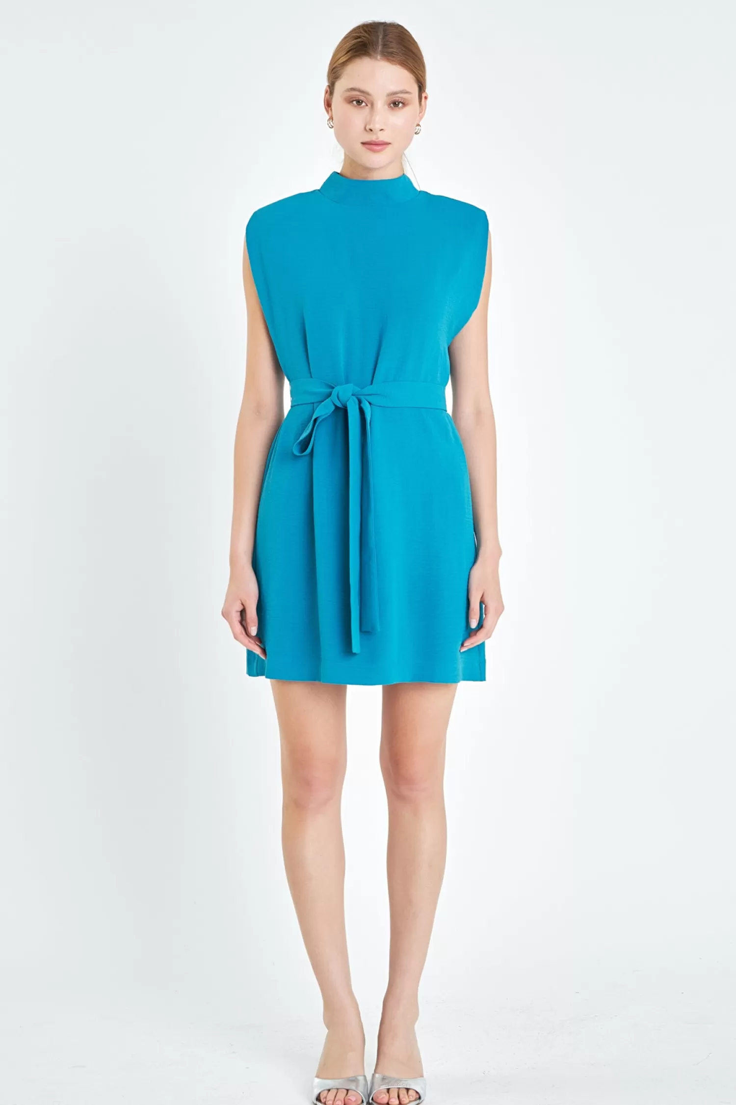 Hot Sleveless Shoulder Pad Shift Dress with Tie Mini Dresses | Formal