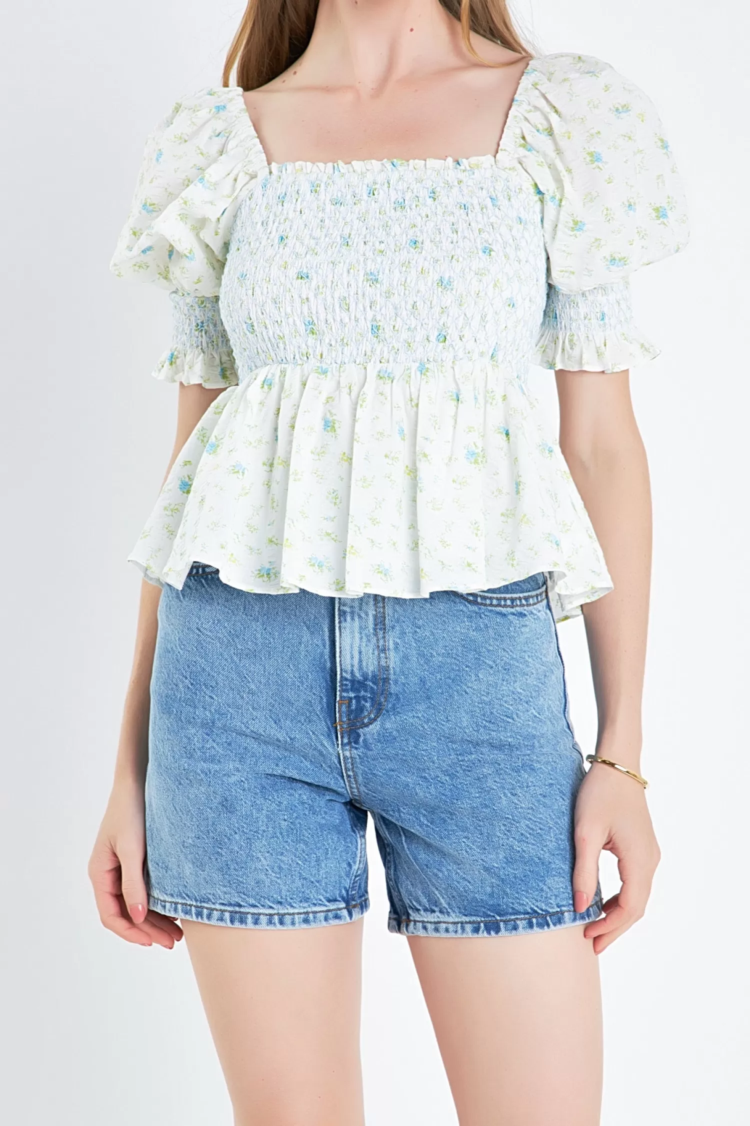 Best Sale Smocked Floral Puff Sleeve Top Tops